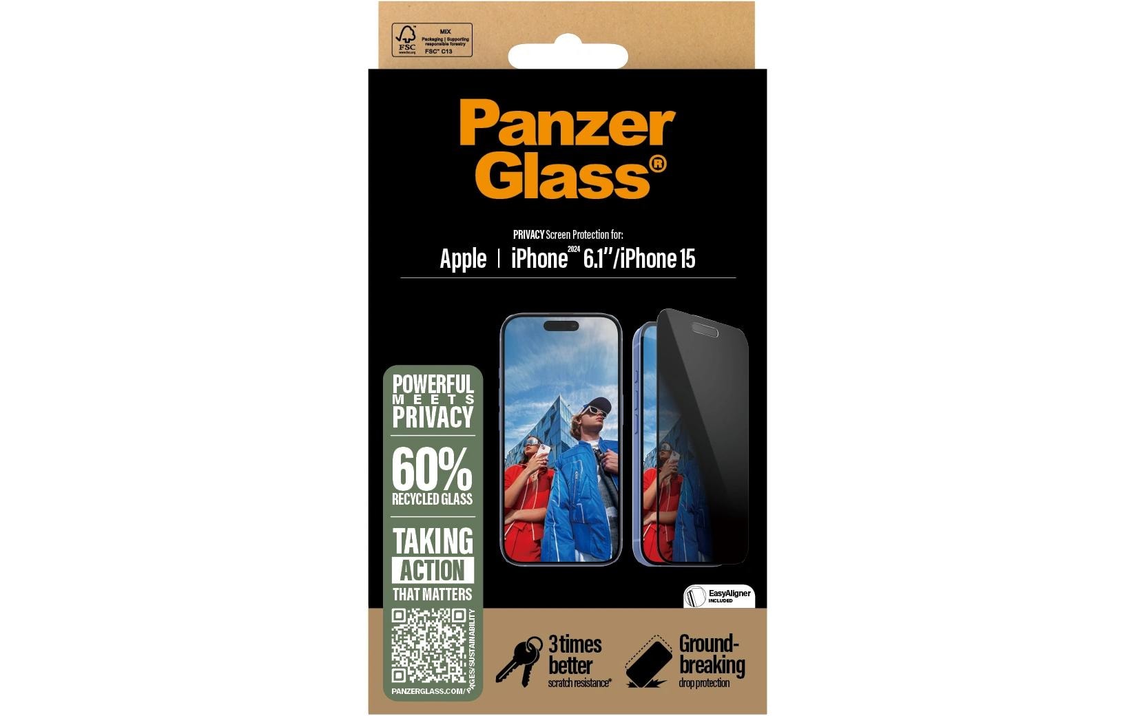 PanzerGlass Displayschutzglas – für Apple iPhone 15/16, kratzresistent, anti-Fingerprint, Hartglas, transparent