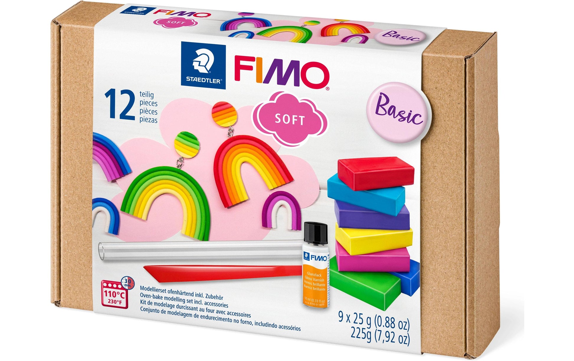 Staedtler FIMO Soft – Modelliermasse-Set – 9 × 25 g – ofenhärtend, inkl. Glanzlack, Modellierstab, Unterlagen