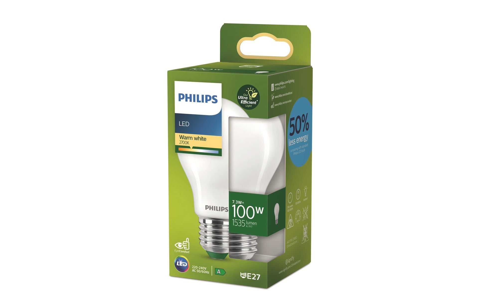 Philips by Signify Philips LED-Leuchtmittel E27 A-Form – Warmweiss 2700 K, 1535 lm, 7,3 W – 1 Stk.