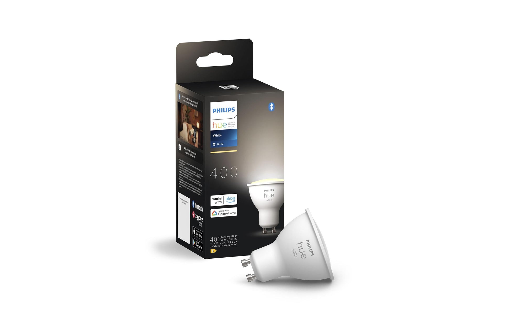 Philips Hue Smart-Leuchtmittel GU10 – Warmweiss 2700 K, 400 lm, 4,2 W, Bluetooth/Zigbee – 1 Stk.