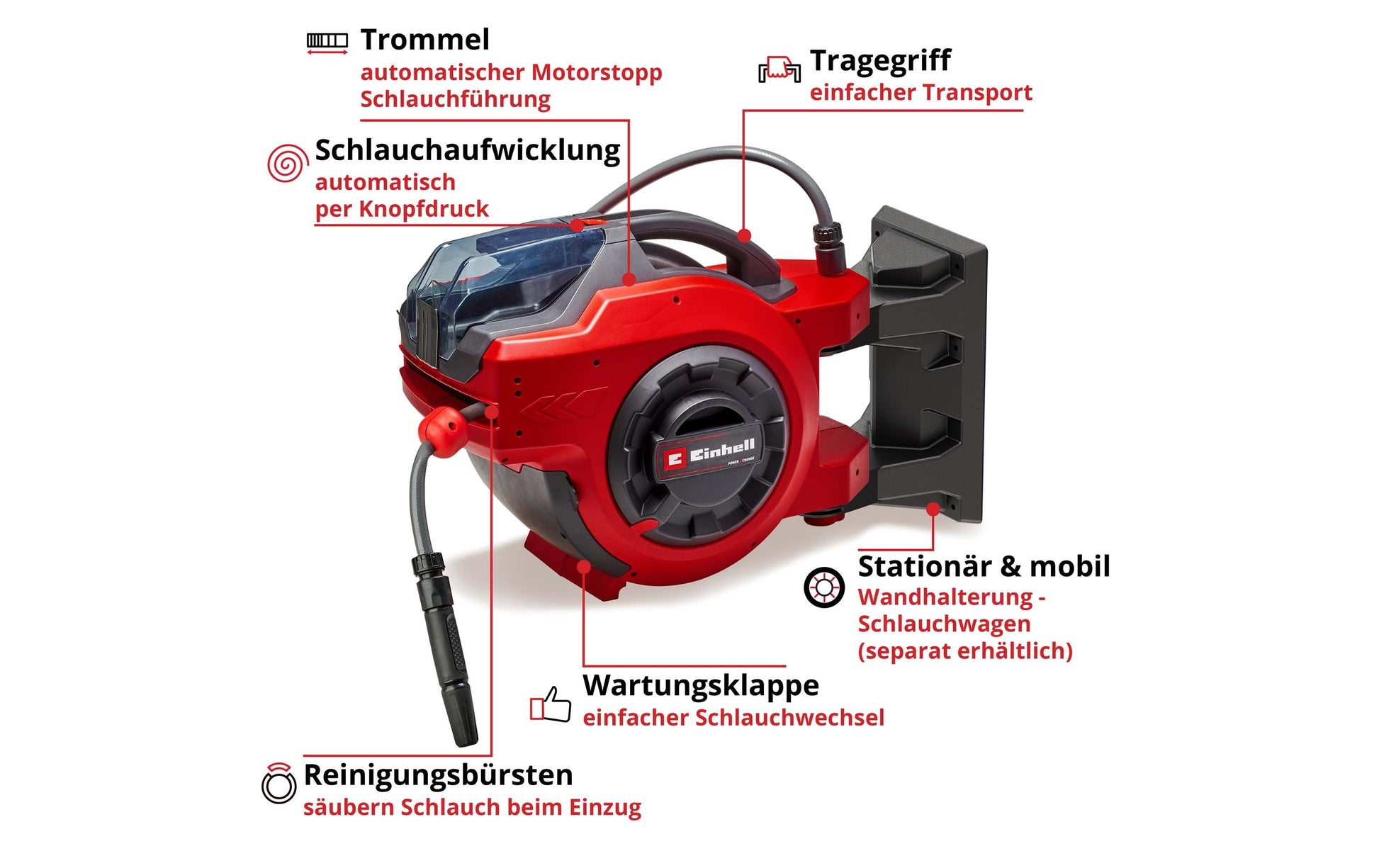 Einhell Li-Solo GE-HR 18/30 Akku-Schlauchtrommel – mit Einhell Power X-Change, rot