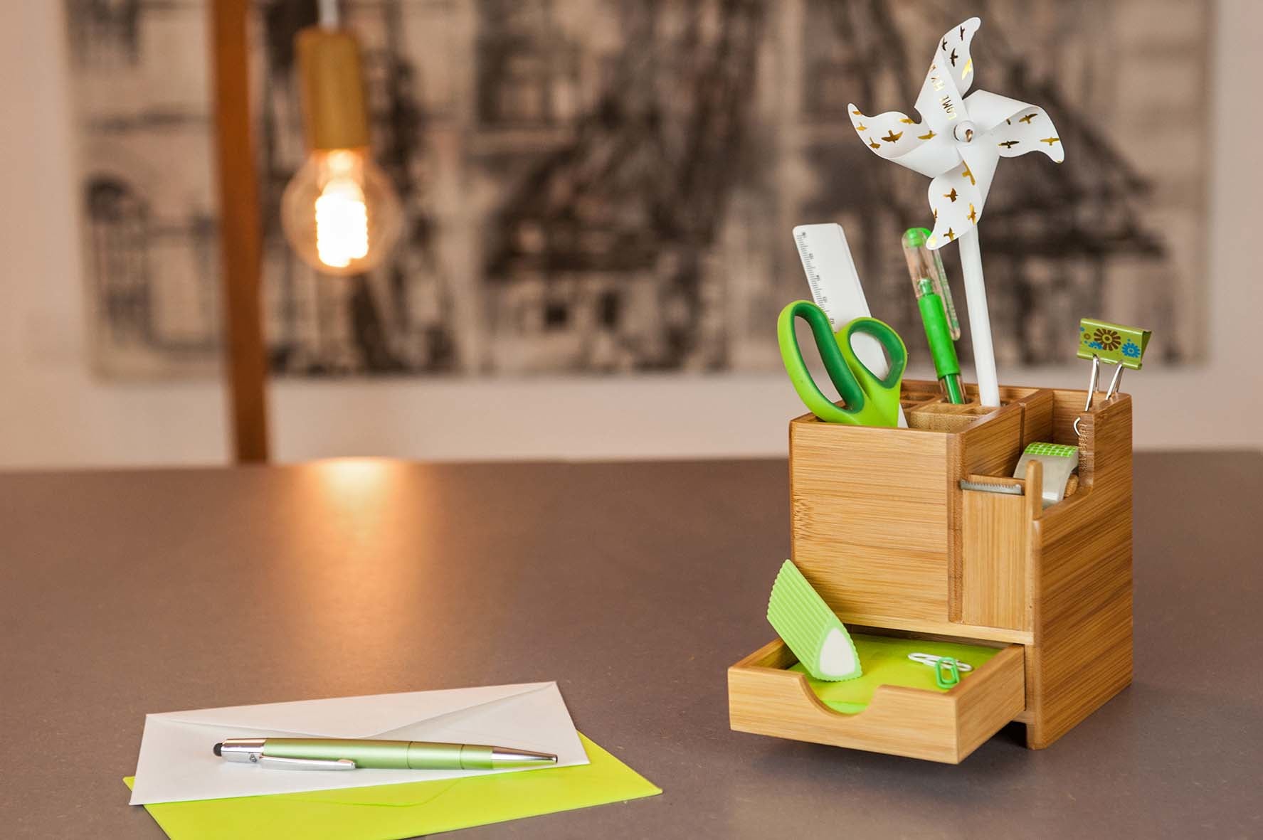 Wedo Utensilienbox – 9 Fächer, natur, Bambus, B 103 × H 117 × T 103 mm