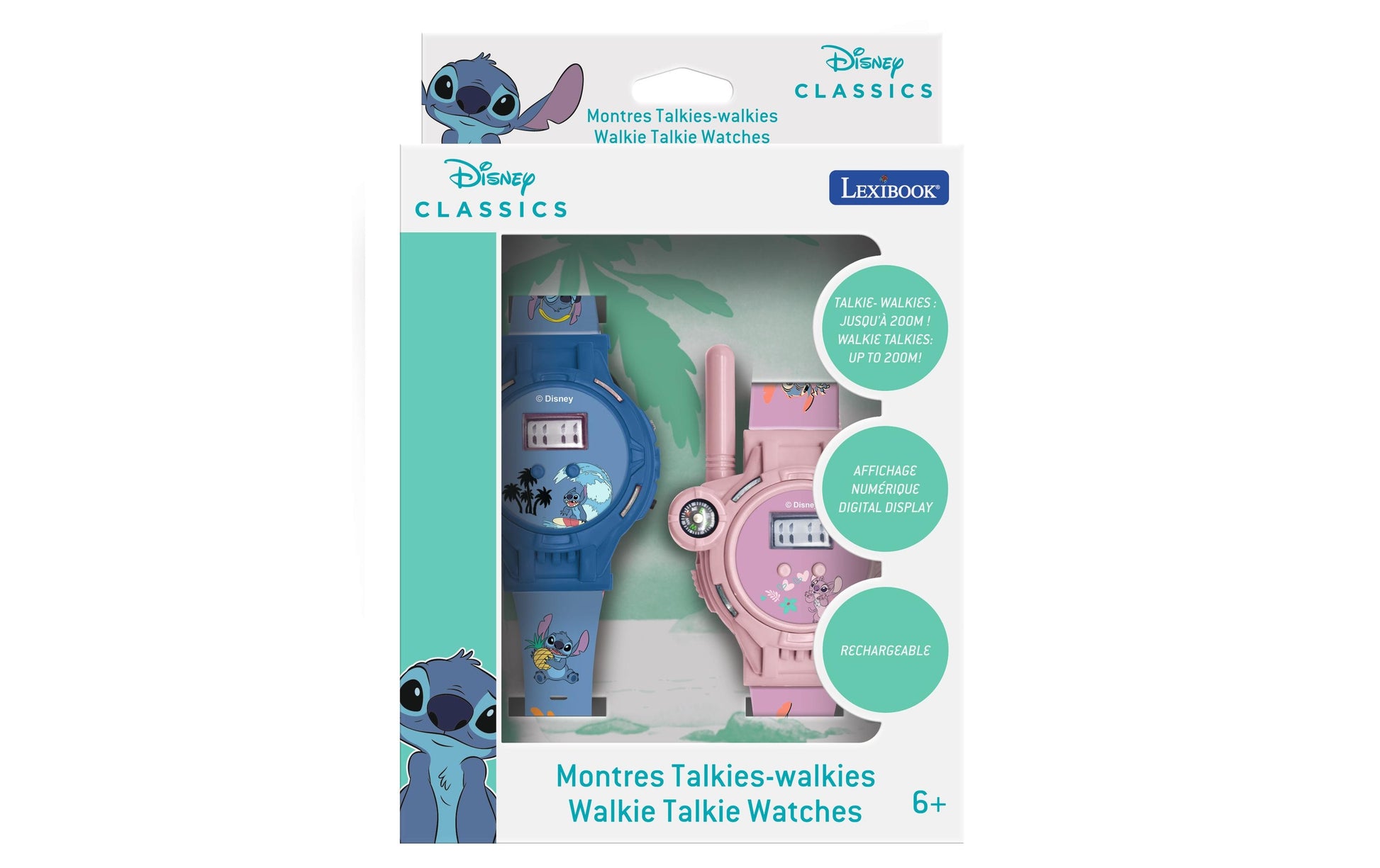 Lexibook Stitch Digitaluhr – Walkie-Talkie, Reichweite 200 m – 2 Stück – ab 3 J. – Blau/Pink