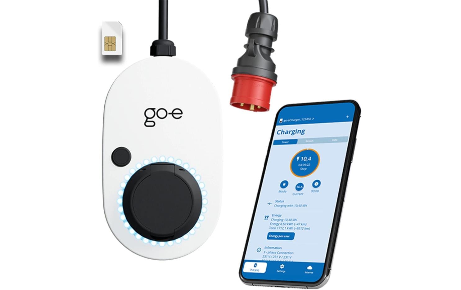 go-e Gemini flex 2.0 Ladestation 22 kW – dreiphasig, Typ 2×1, Wandmontage, eSIM/WLAN/RFID, IP65