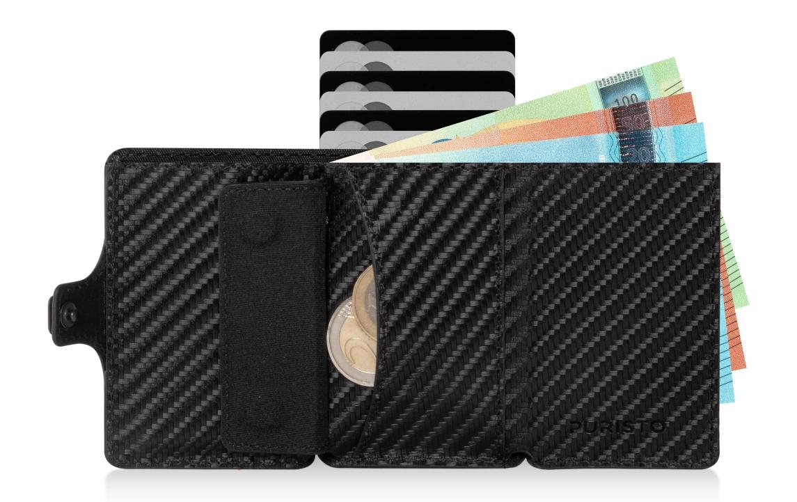 Puristo Kartenetui Slim – RFID-Schutz, Münzfach – 6,2 × 8,9 cm – Schwarz – Aluminium