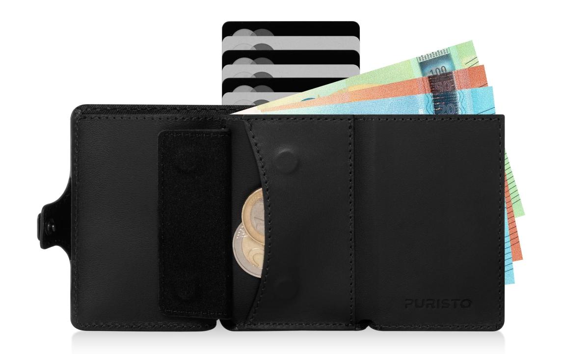 Puristo Kartenetui KLIK MAGNET – RFID-Schutz, Magnetverschluss, mit Münzfach – 62 × 89 mm – Schwarz Matt
