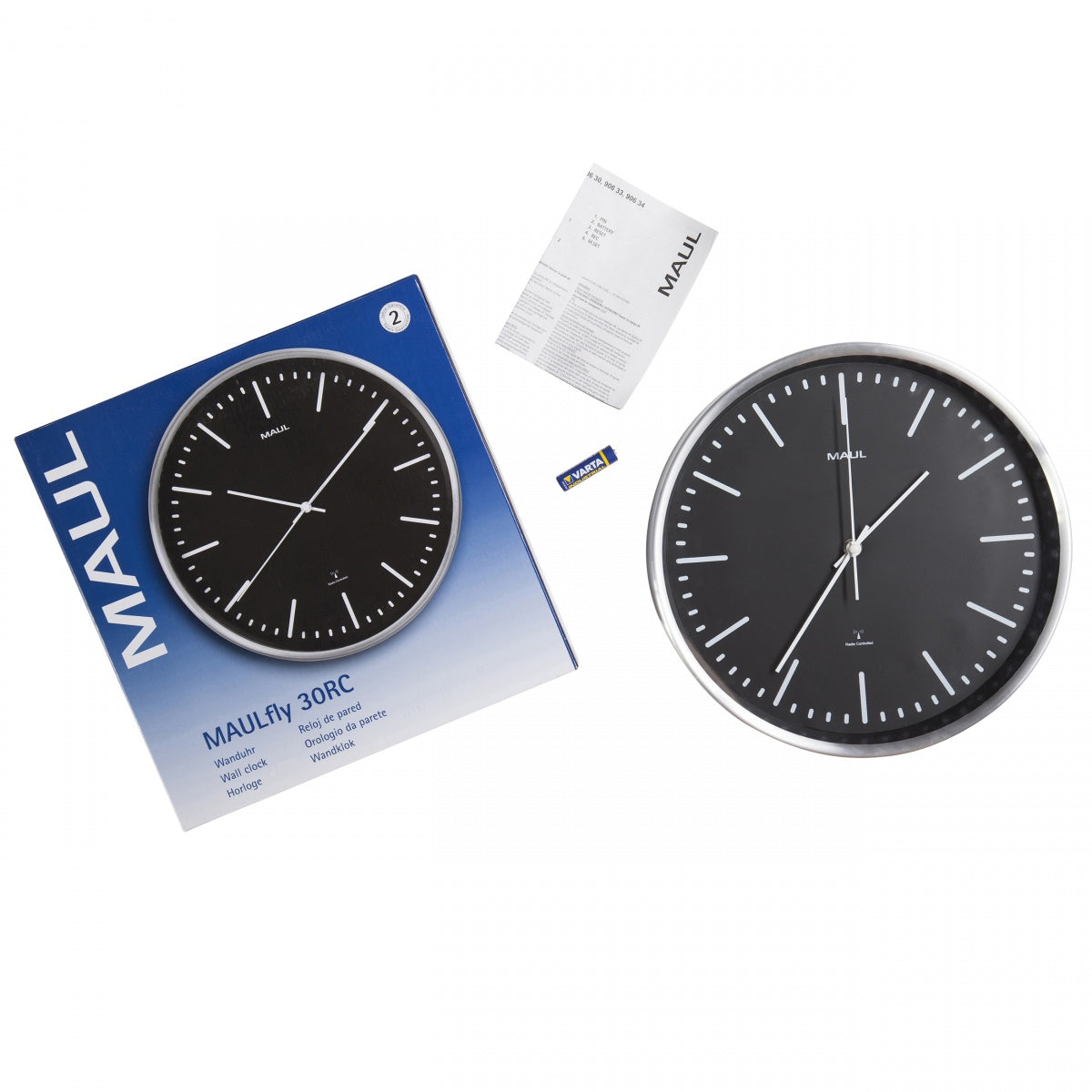MAUL Wanduhr fly – Funk – Ø 30,5 cm, schwarz, Aluminium