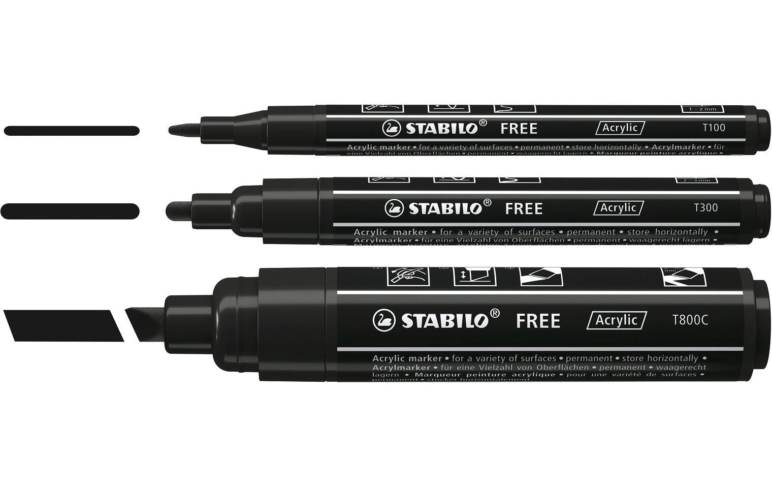 STABILO FREE Acrylmarker – Spitze 3 mm – Schwarz – 3er-Set – für Glas