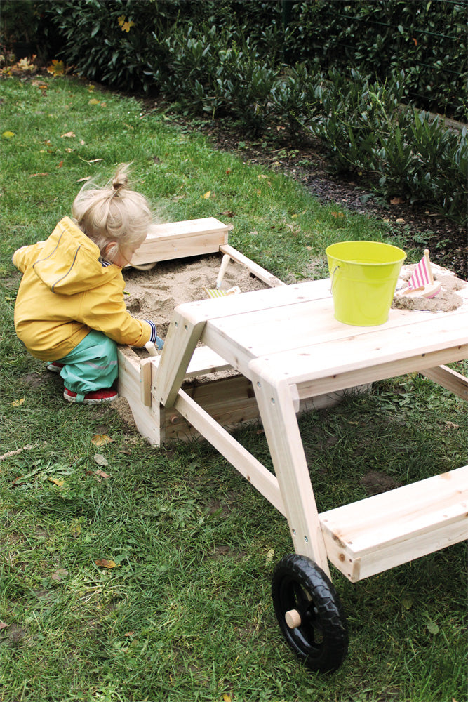 Small foot Sandkasten – mit integrierten Bänken – 176 × 46 × 81 cm – ab 2 J. – Holz, Stoff, Kunststoff