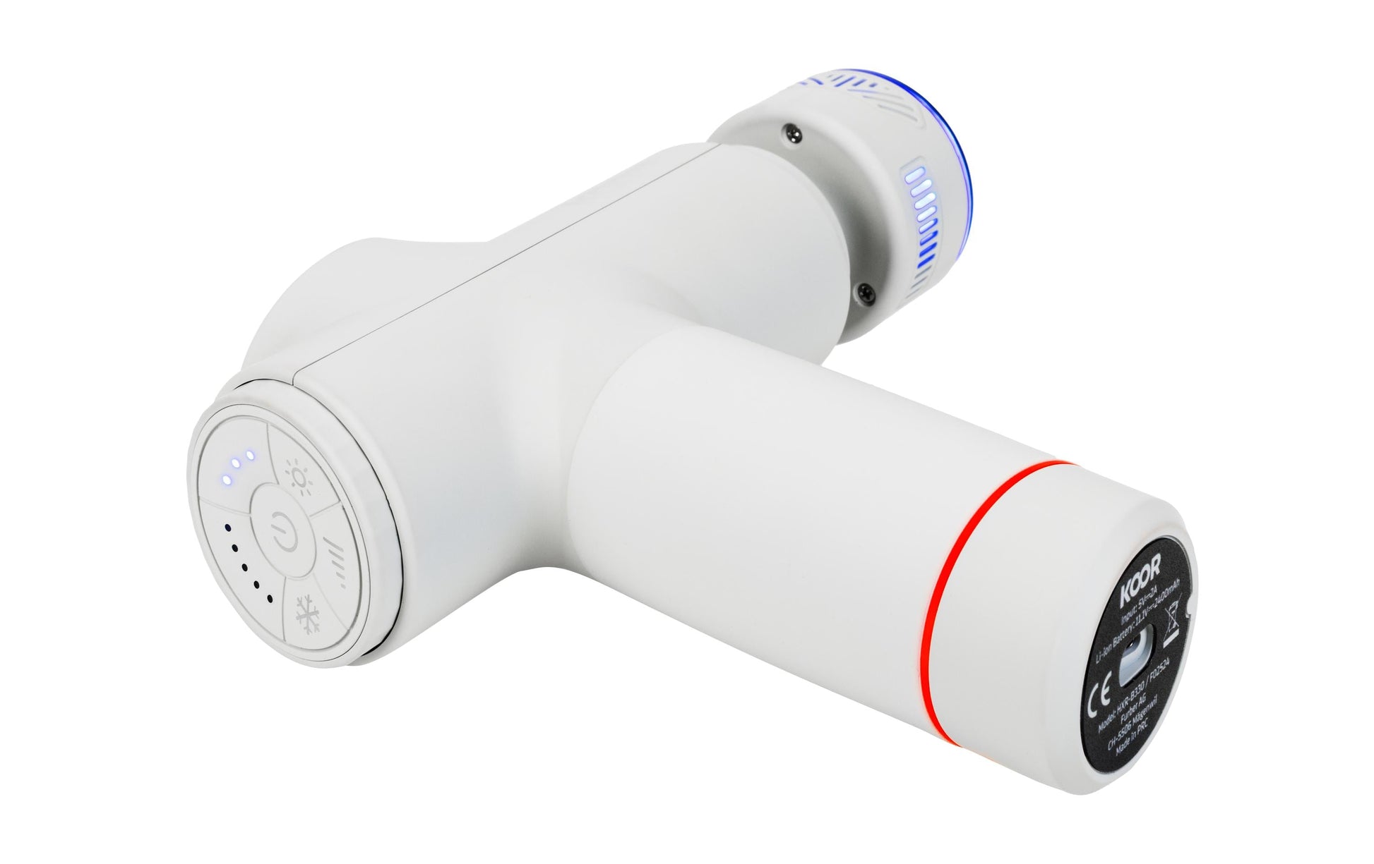 KOOR Massagepistole – Perkussionsmassage, 5 Stufen, mit Wärmefunktion – Weiss, 5 Köpfe – USB, 8 h Laufzeit