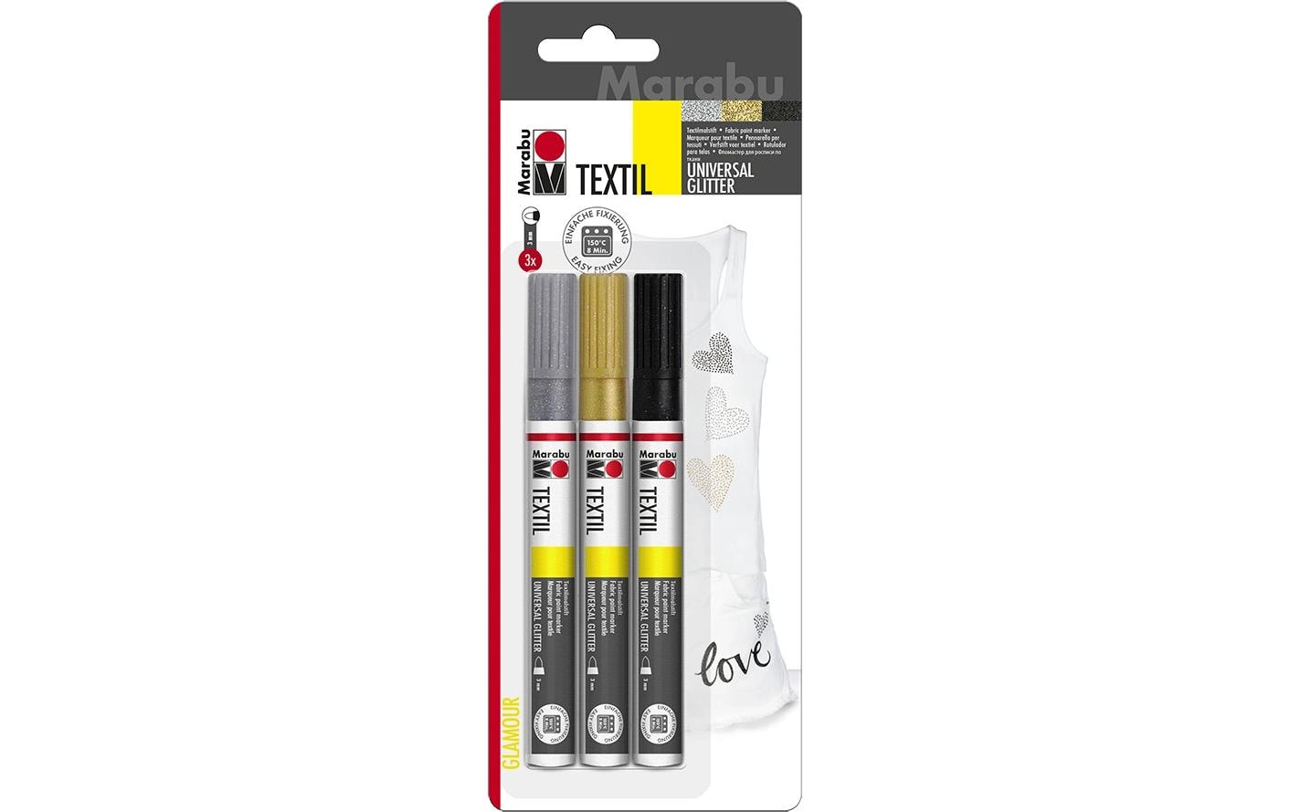 Marabu Textilmarker – Rundspitze, 3 mm, Schwarz, Gold, Silber, 3er-Set