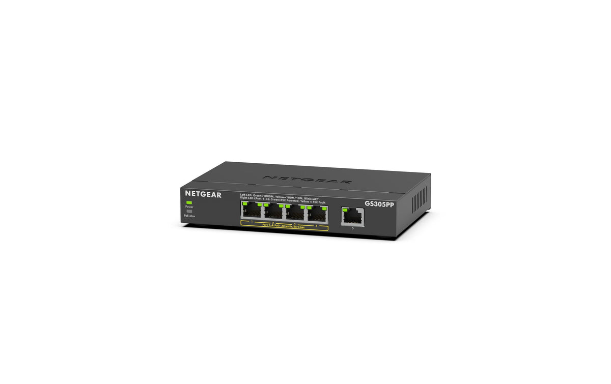 NETGEAR GS305PP-300EUS – Switch – 5×GbE, PoE+ 83 W, Wandmontage, Schwarz