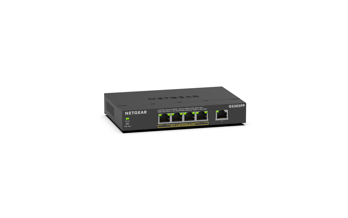 NETGEAR GS305PP-300EUS – Switch – 5×GbE, PoE+ 83 W, Wandmontage, Schwarz