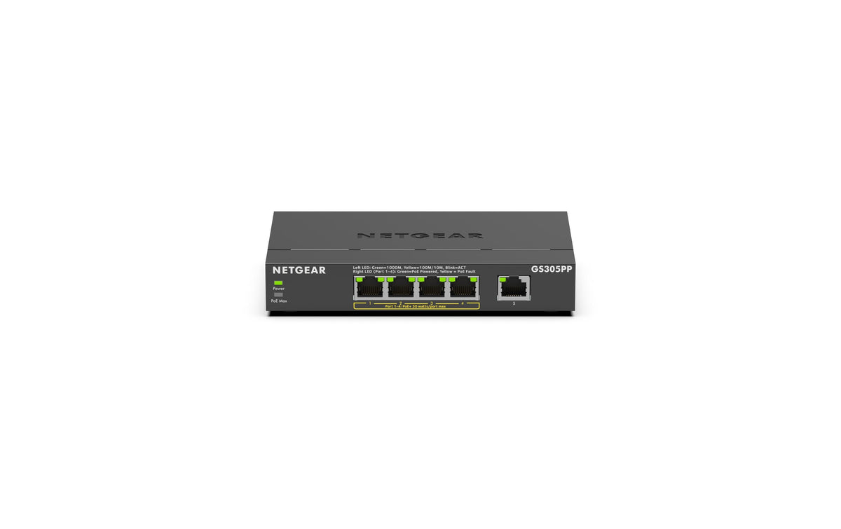 NETGEAR GS305PP-300EUS – Switch – 5×GbE, PoE+ 83 W, Wandmontage, Schwarz