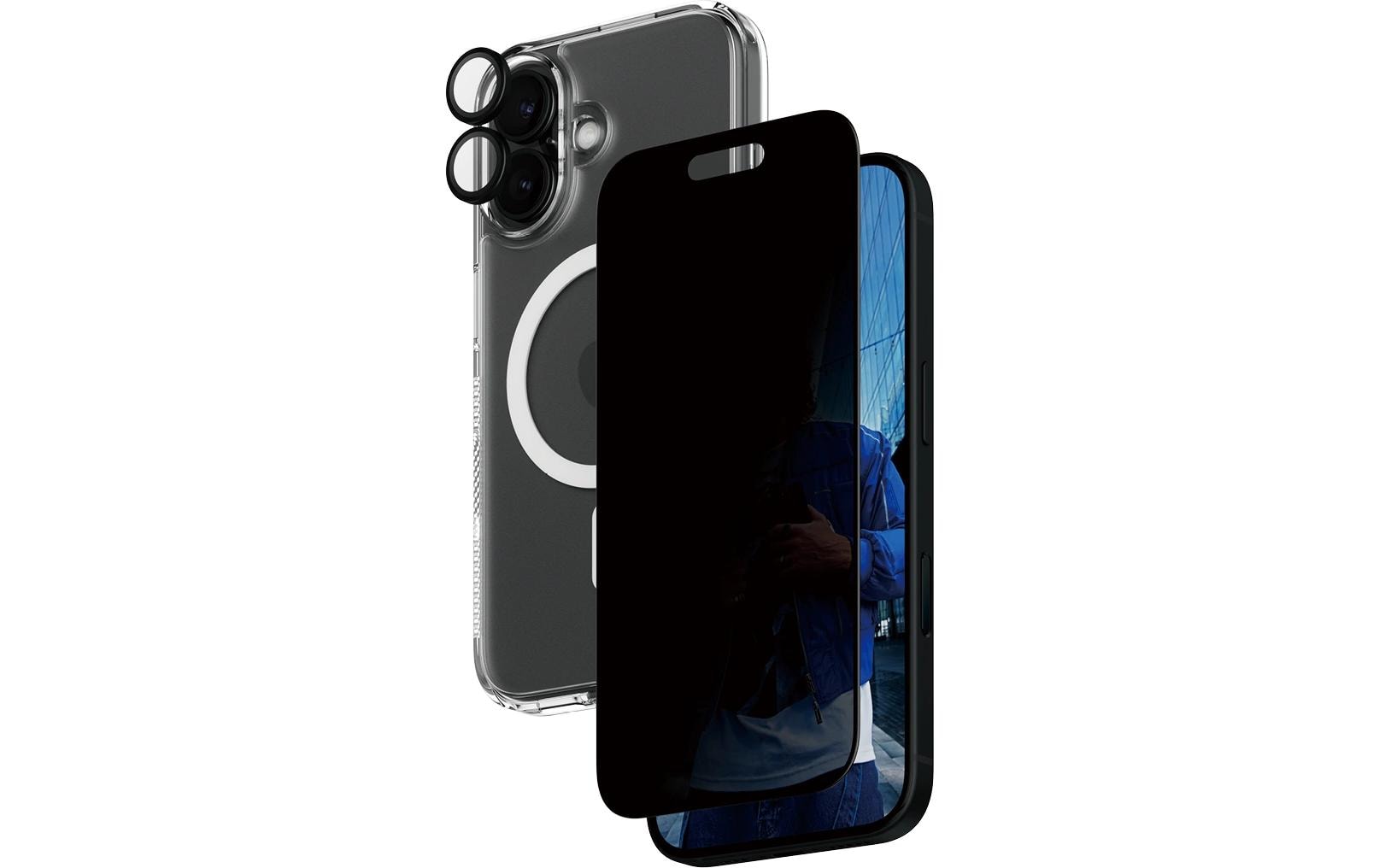 PanzerGlass Schutz-Set 3-in-1 Privacy-Filter – für Apple iPhone 16, kratzresistent, stossfest