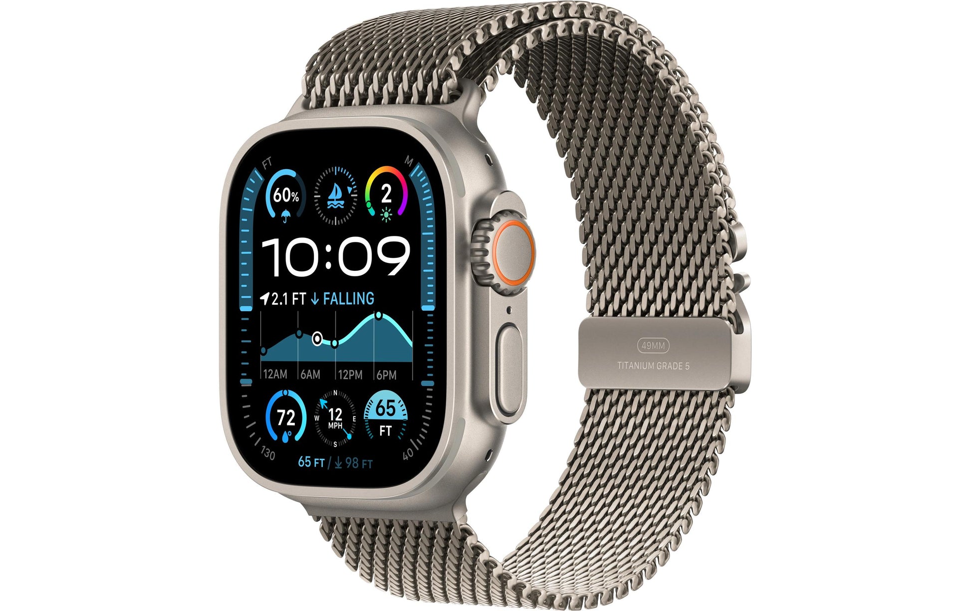 Apple Watch Ultra 2 – Smartwatch – 49 mm, GPS, OLED, Saphirglas, 100 m, Natural Titanium, Milanese Loop (L)