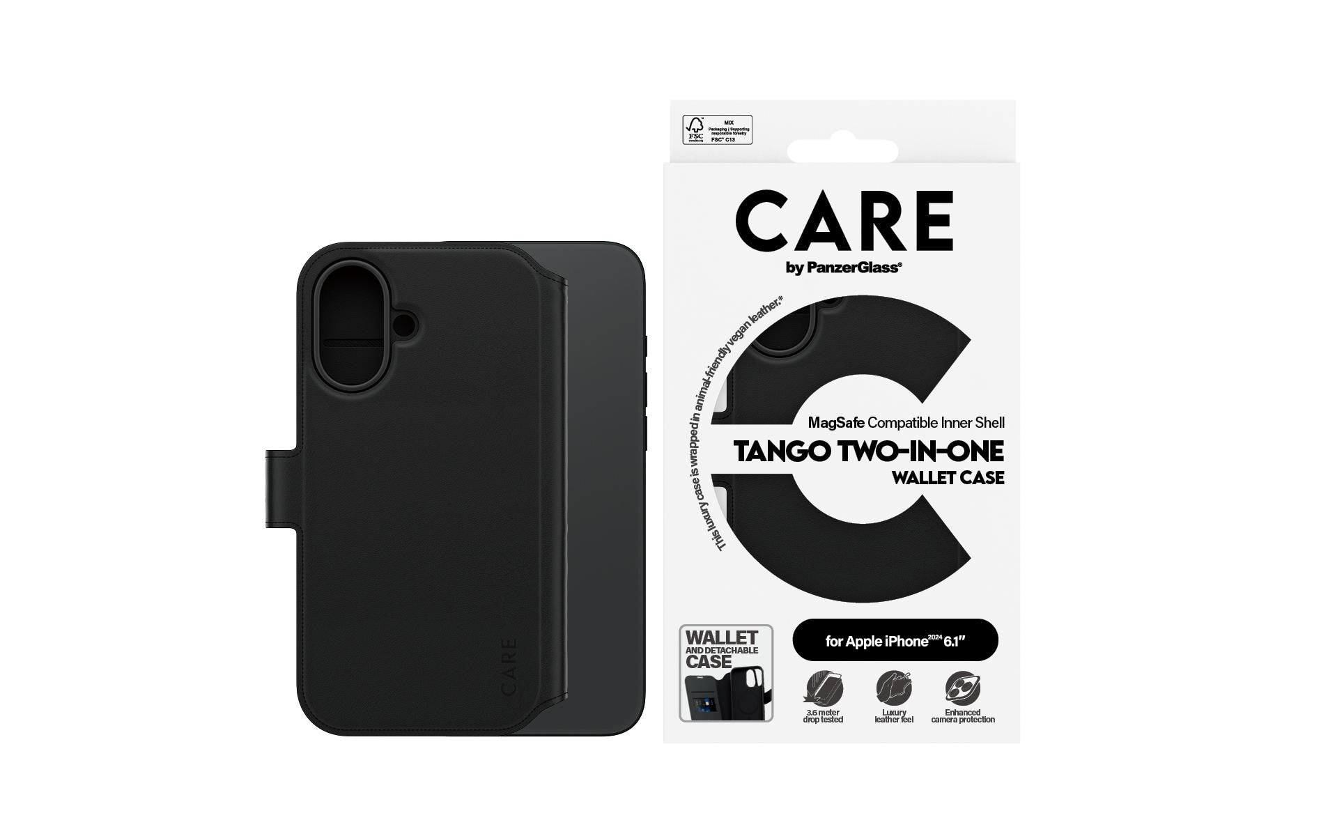 PanzerGlass Feature Tango Wallethülle – für Apple iPhone 16, MagSafe, mit Kartenfach, Pflanzenleder, Schwarz