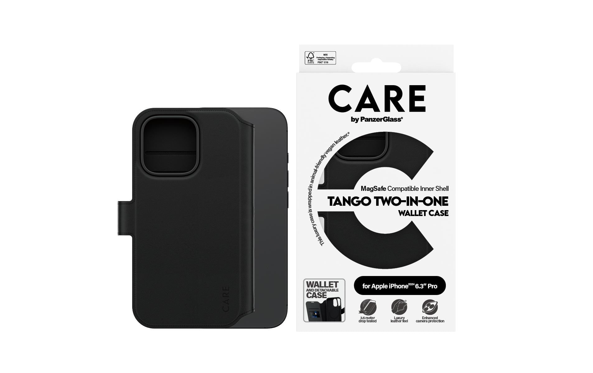 PanzerGlass Feature Tango Wallethülle – für Apple iPhone 16, MagSafe, mit Kartenfach, Pflanzenleder, Schwarz