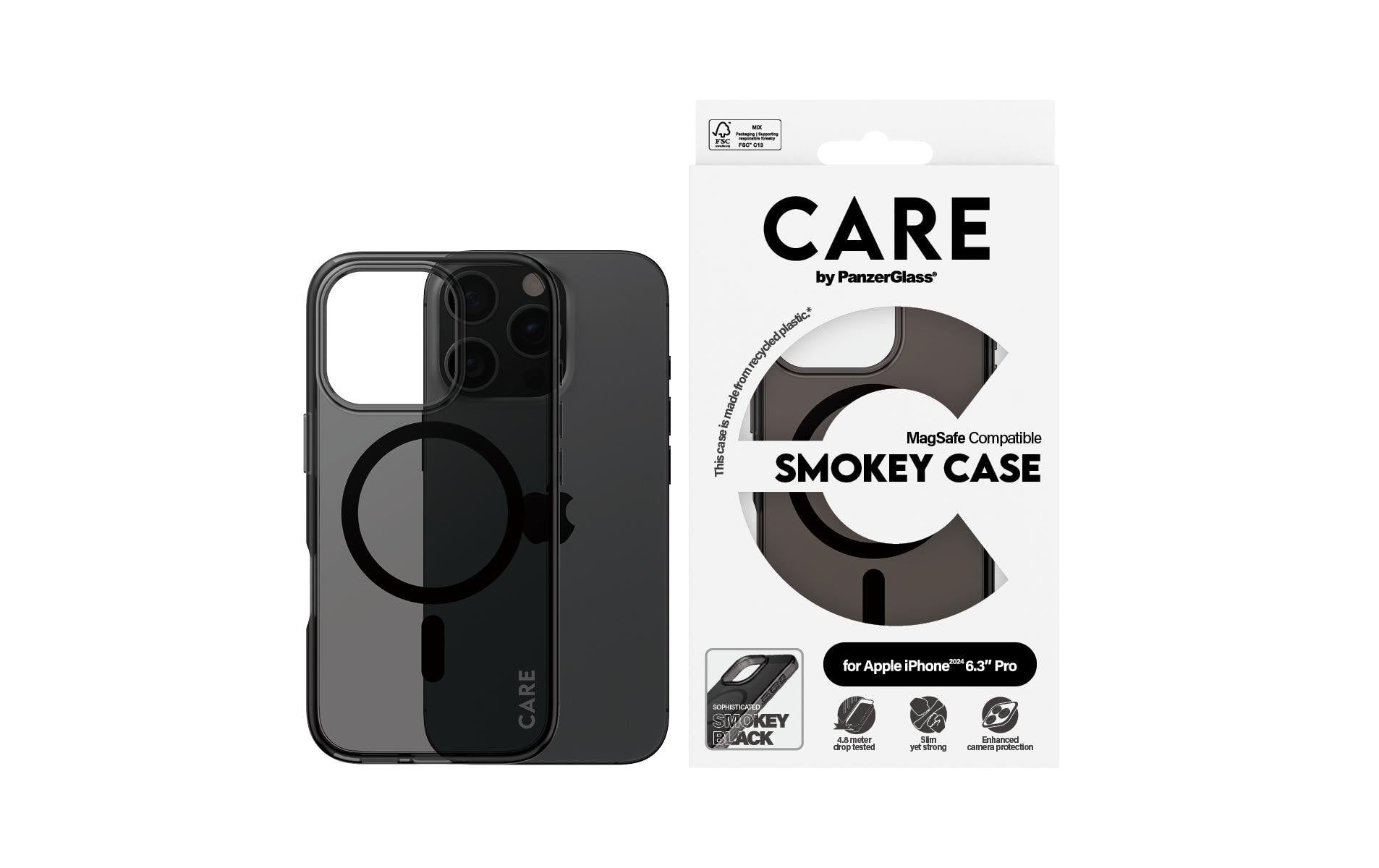 PanzerGlass CARE Flagship Backcover – für Apple iPhone 16 Pro, Kunststoff, Smokey, bis 4,8 m sturzsicher