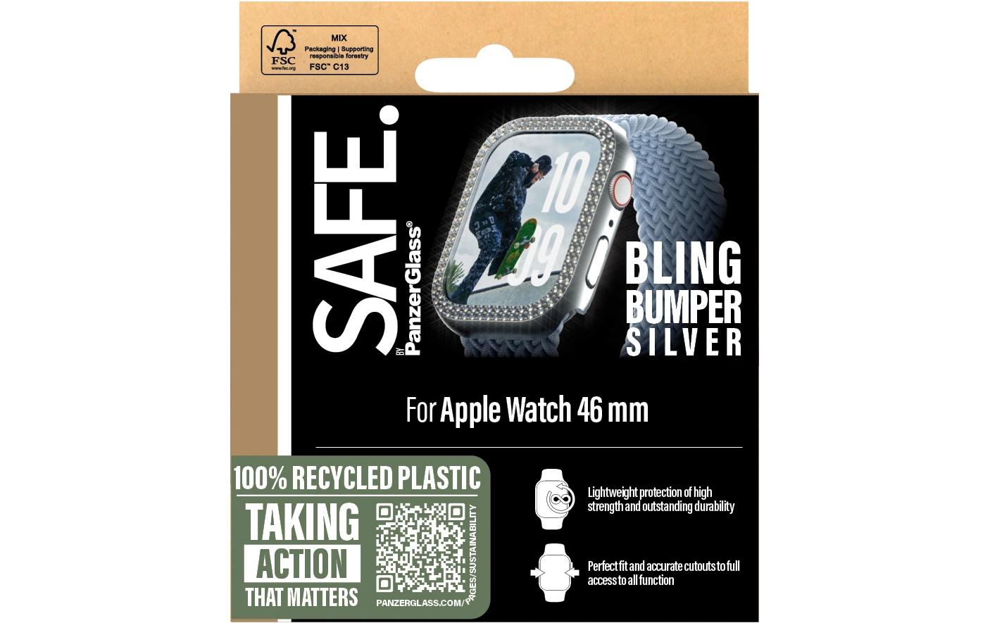 PanzerGlass SAFE. Bling Bumper – Displayschutz – für Apple Watch Series 10 46 mm, Silber, 1 Stück