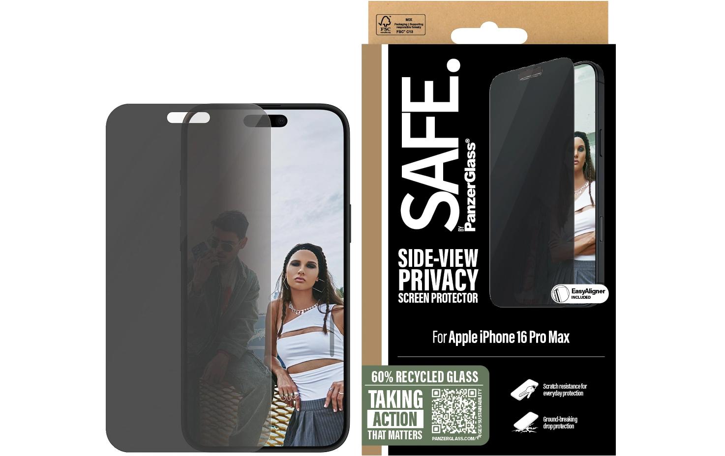 PanzerGlass SAFE. – Privacy-Filter (Panzerglas), Ultra-Wide Fit – für iPhone 16 Pro Max – mit Applikator