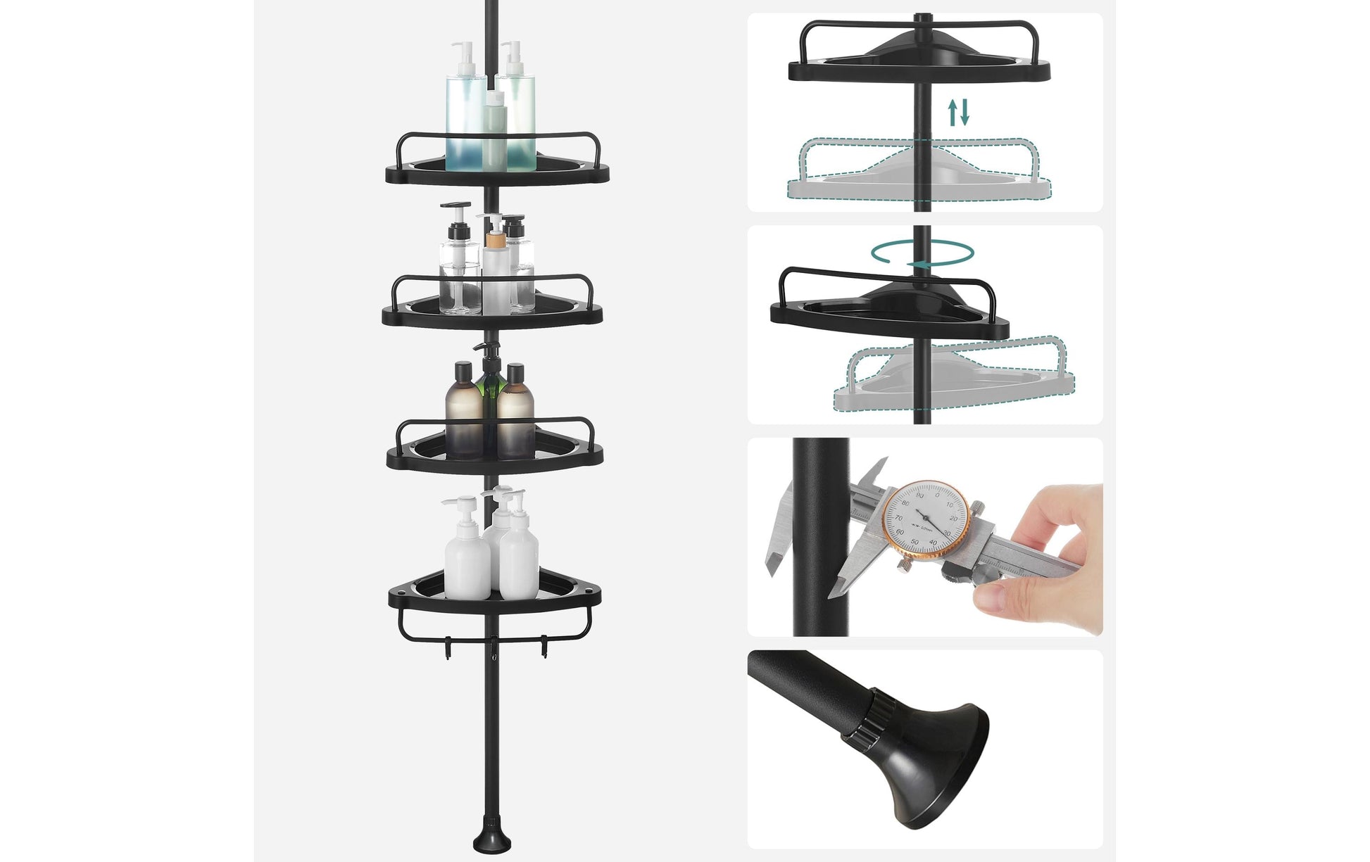 Songmics Duschregal – 85–305 cm, 4 Ablagen, Stahl/Kunststoff, 2 kg pro Ablage, Klemmen, Schwarz
