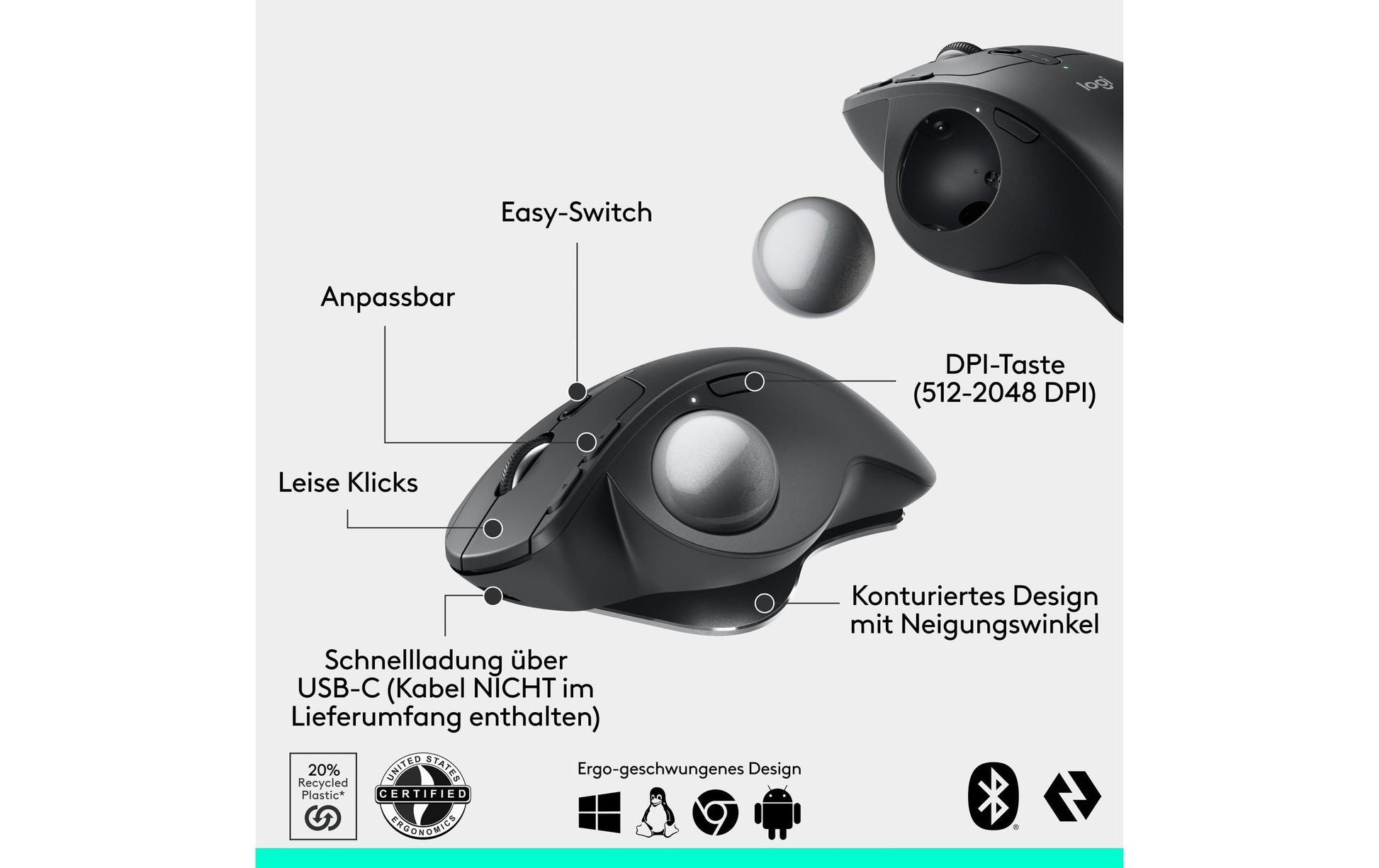 Logitech MX Ergo S – Trackball-Maus – Kabellos (Bluetooth/2,4 GHz), Rechts
