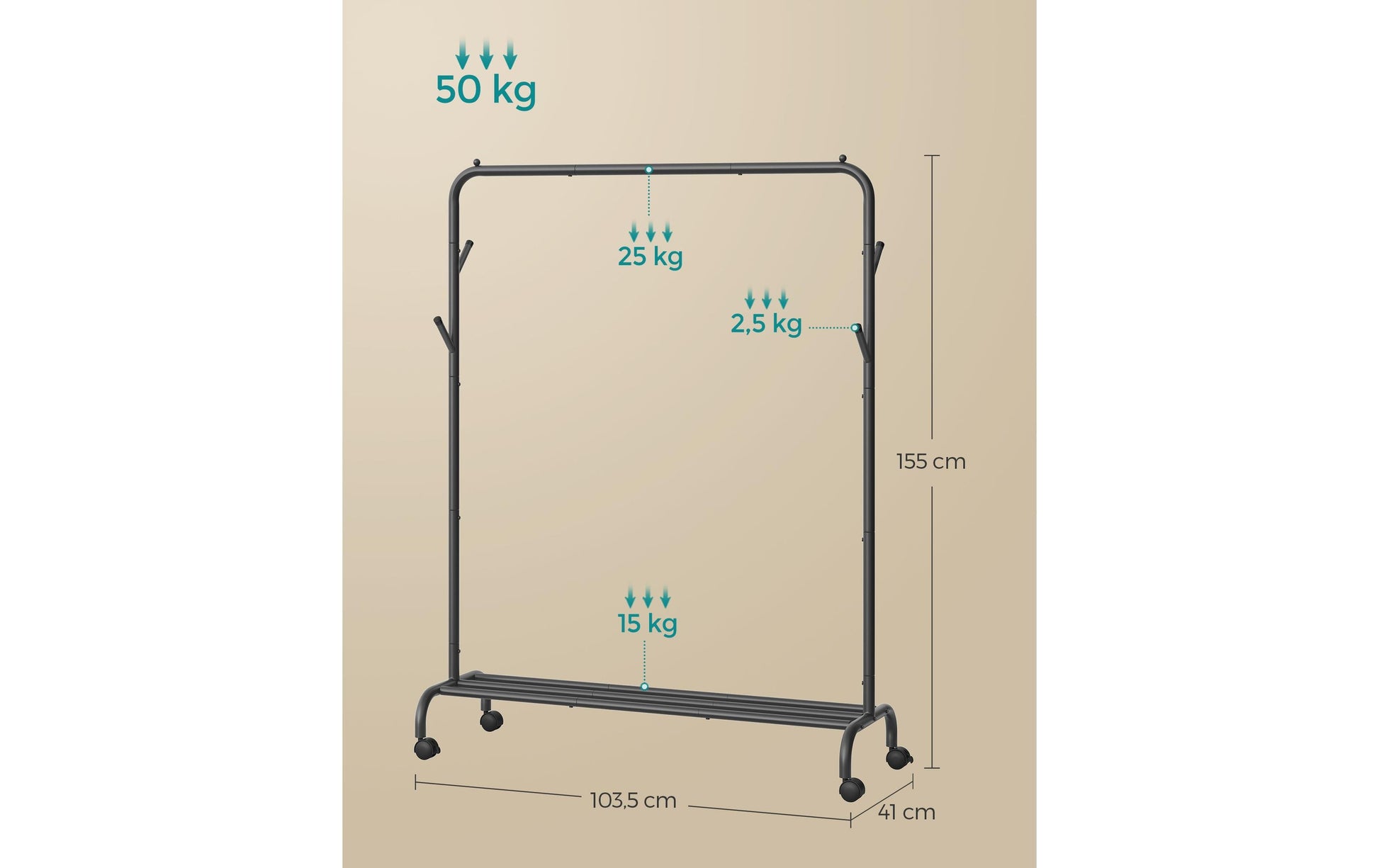Songmics Garderobenständer (4 Haken, mit Rollen) – Stahl – Schwarz – 1'550 mm