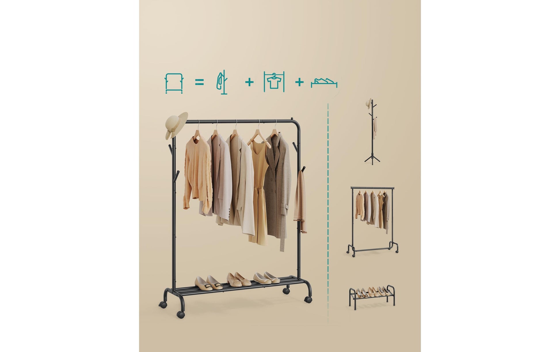 Songmics Garderobenständer (4 Haken, mit Rollen) – Stahl – Schwarz – 1'550 mm