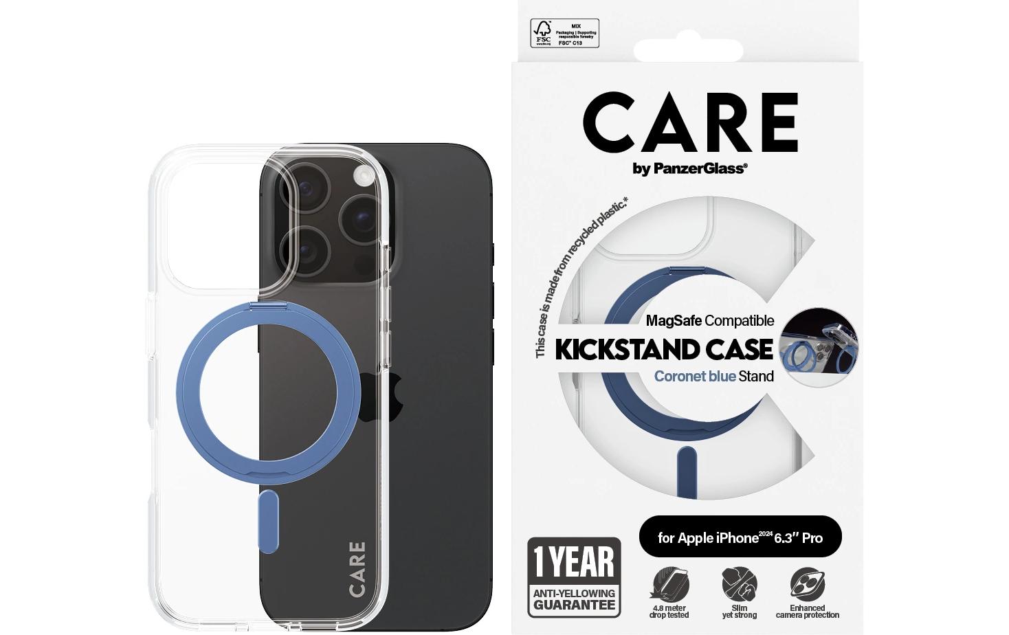 PanzerGlass CARE – Backcover – für Apple iPhone 16 Pro – blau/transparent – MagSafe kompatibel, mit Standfuss