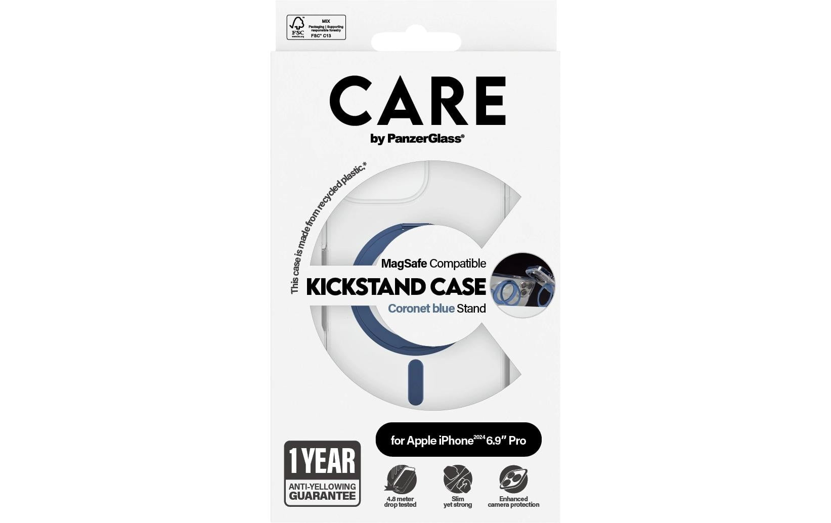 PanzerGlass CARE – Backcover – für Apple iPhone 16 Pro Max – transparent/blau – MagSafe-kompatibel, mit Standfuss