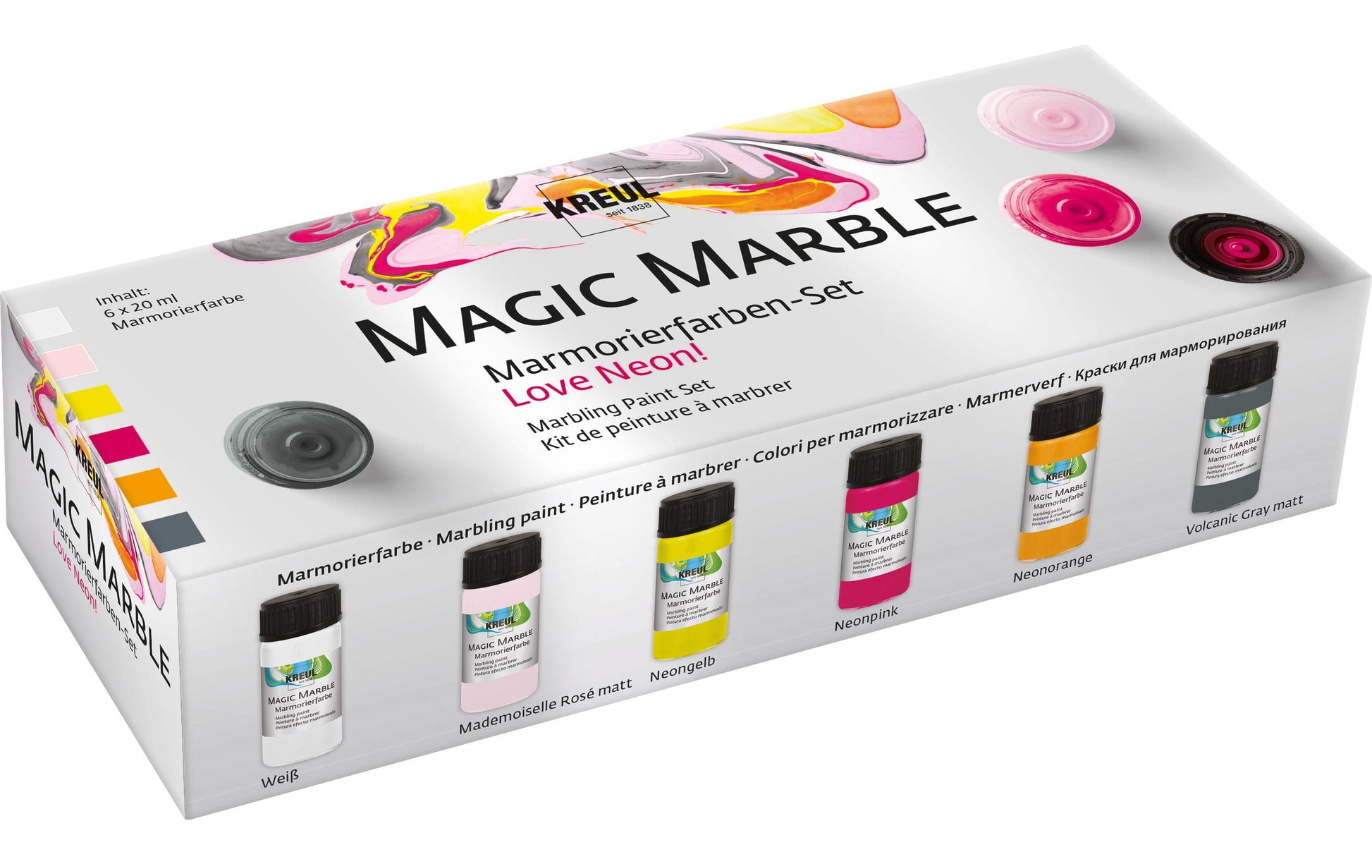 KREUL Marmorierfarbe – Weiss/Rosé matt/Neongelb/Neonorange/Neonpink/Grau matt – 6 Farben, 6×20 ml (120 ml)