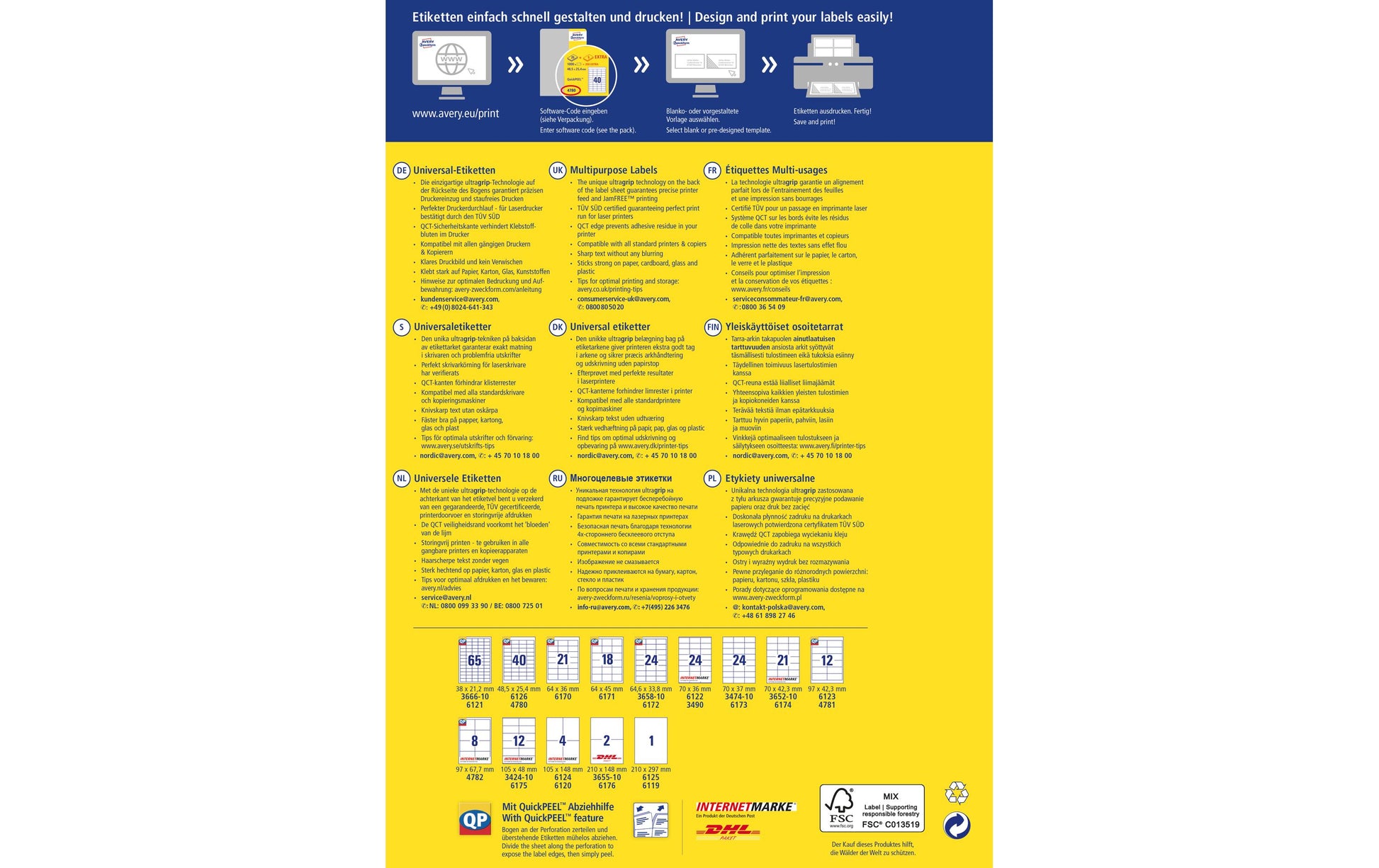 AVERY Zweckform – Etiketten A4 48,5 × 16,9 mm – Papier, weiss – permanent haftend – Laser/Inkjet – 30 Blätter