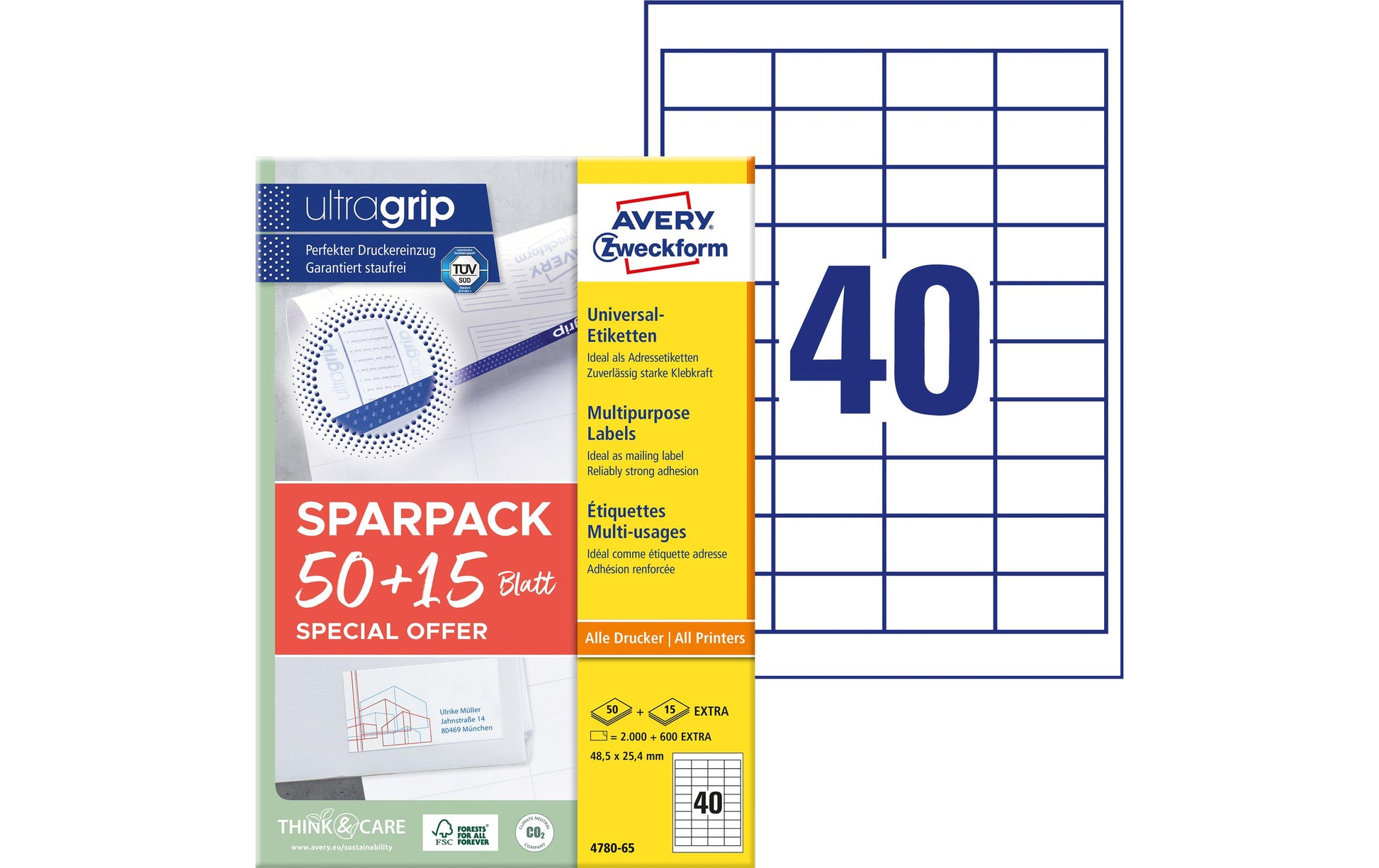 Avery 4780-65 – Etiketten A4 49 × 25 mm – weiss – permanent haftend – Laser/Inkjet – 40 pro Blatt, 65 Blätter