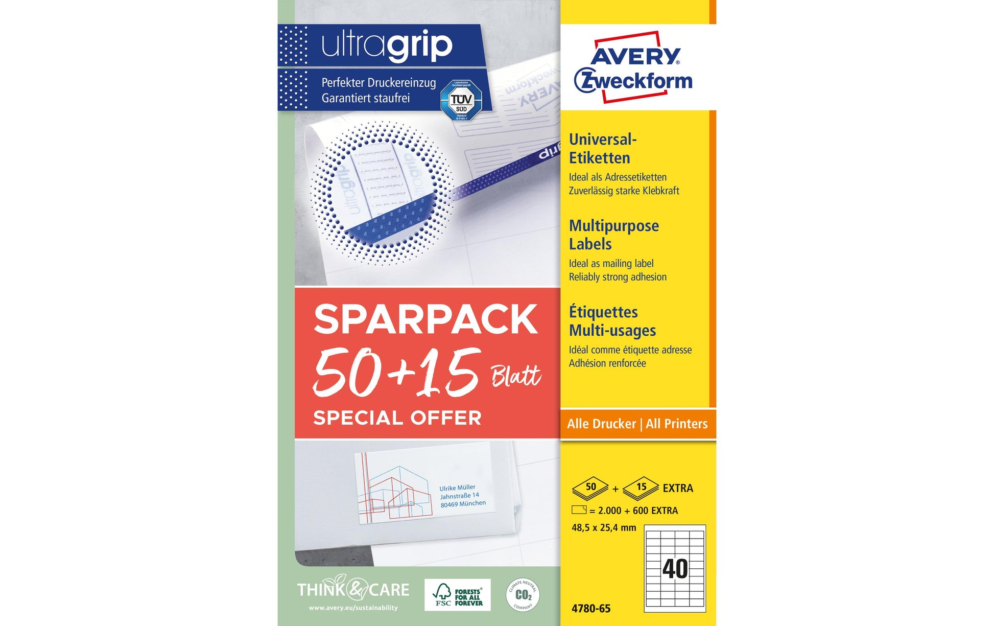 Avery 4780-65 – Etiketten A4 49 × 25 mm – weiss – permanent haftend – Laser/Inkjet – 40 pro Blatt, 65 Blätter