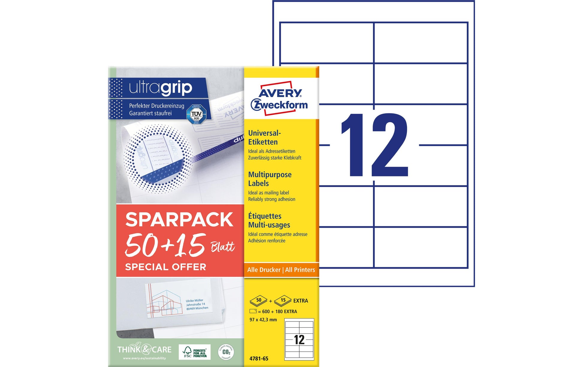 AVERY Zweckform – Etiketten A4 97 × 42 mm – weiss – permanent haftend – Laser/Inkjet – 65 Blätter (780 Stk.)