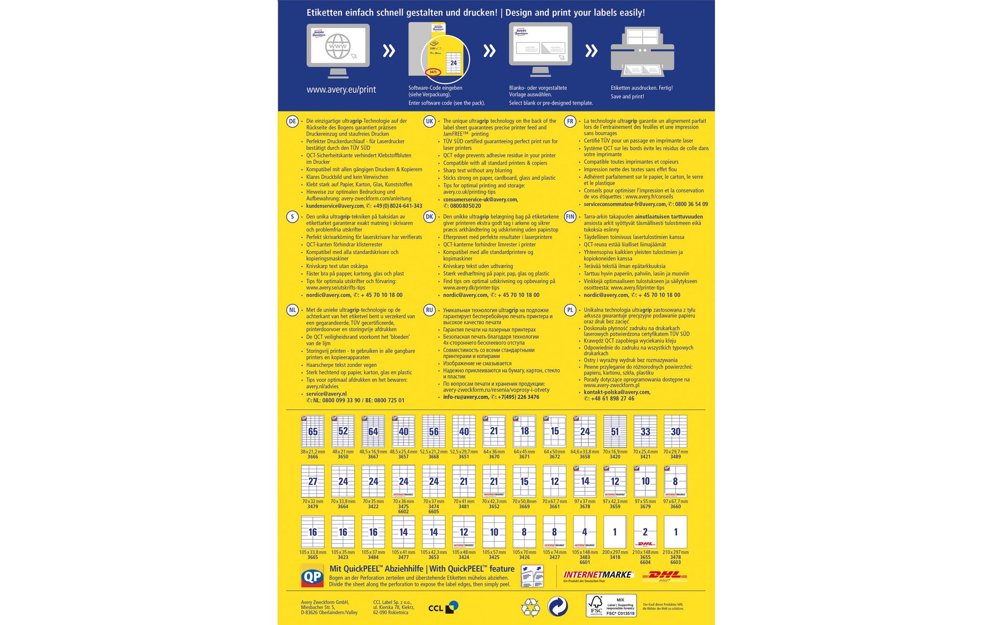 AVERY Zweckform – Etiketten A4 97 × 42 mm – weiss – permanent haftend – Laser/Inkjet – 65 Blätter (780 Stk.)