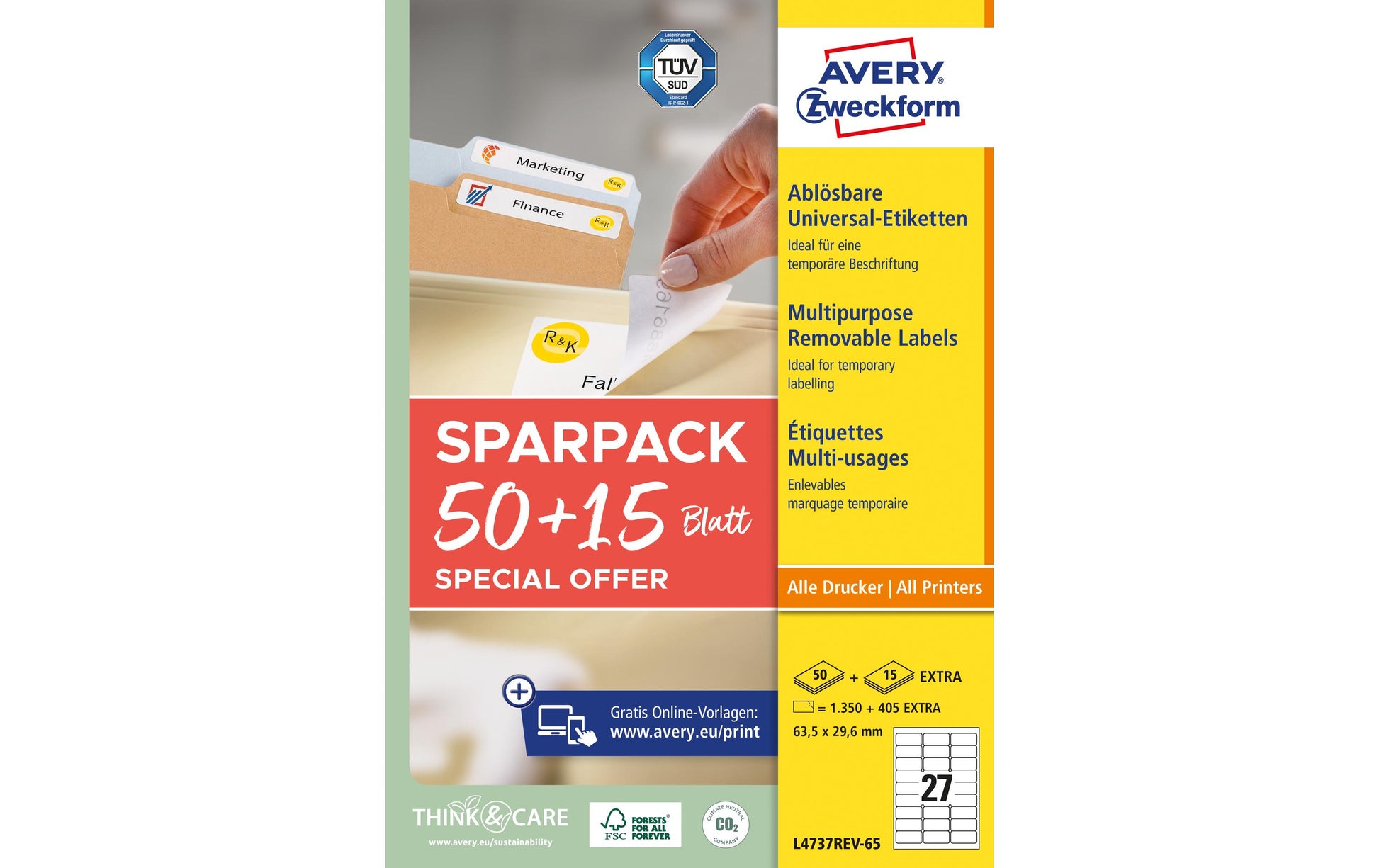 AVERY Zweckform – Etiketten A4 64 × 30 mm – Papier, weiss – wiederablösbar – 27 pro Blatt, 65 Blätter