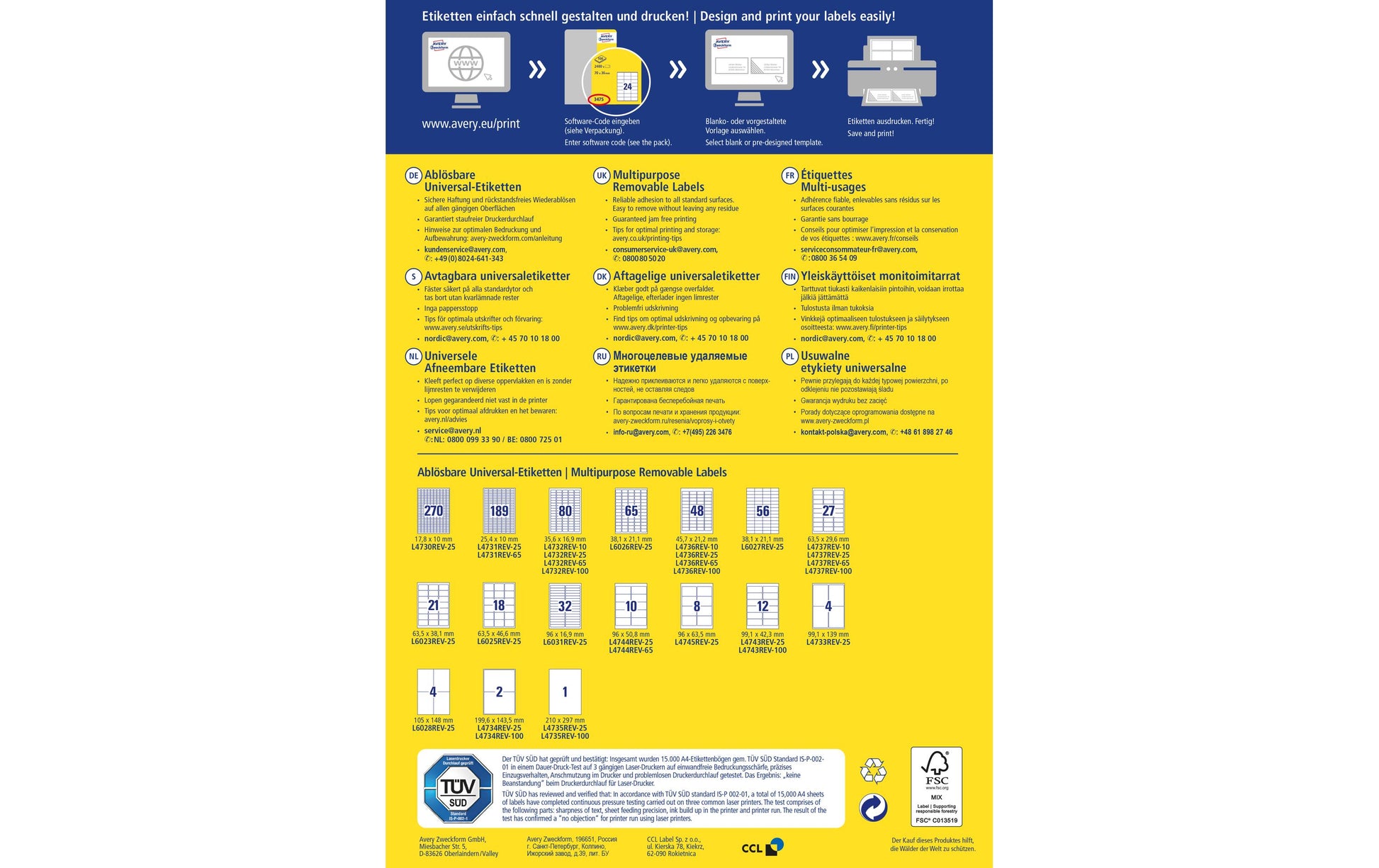 AVERY Zweckform – Etiketten A4 64 × 30 mm – Papier, weiss – wiederablösbar – 27 pro Blatt, 65 Blätter