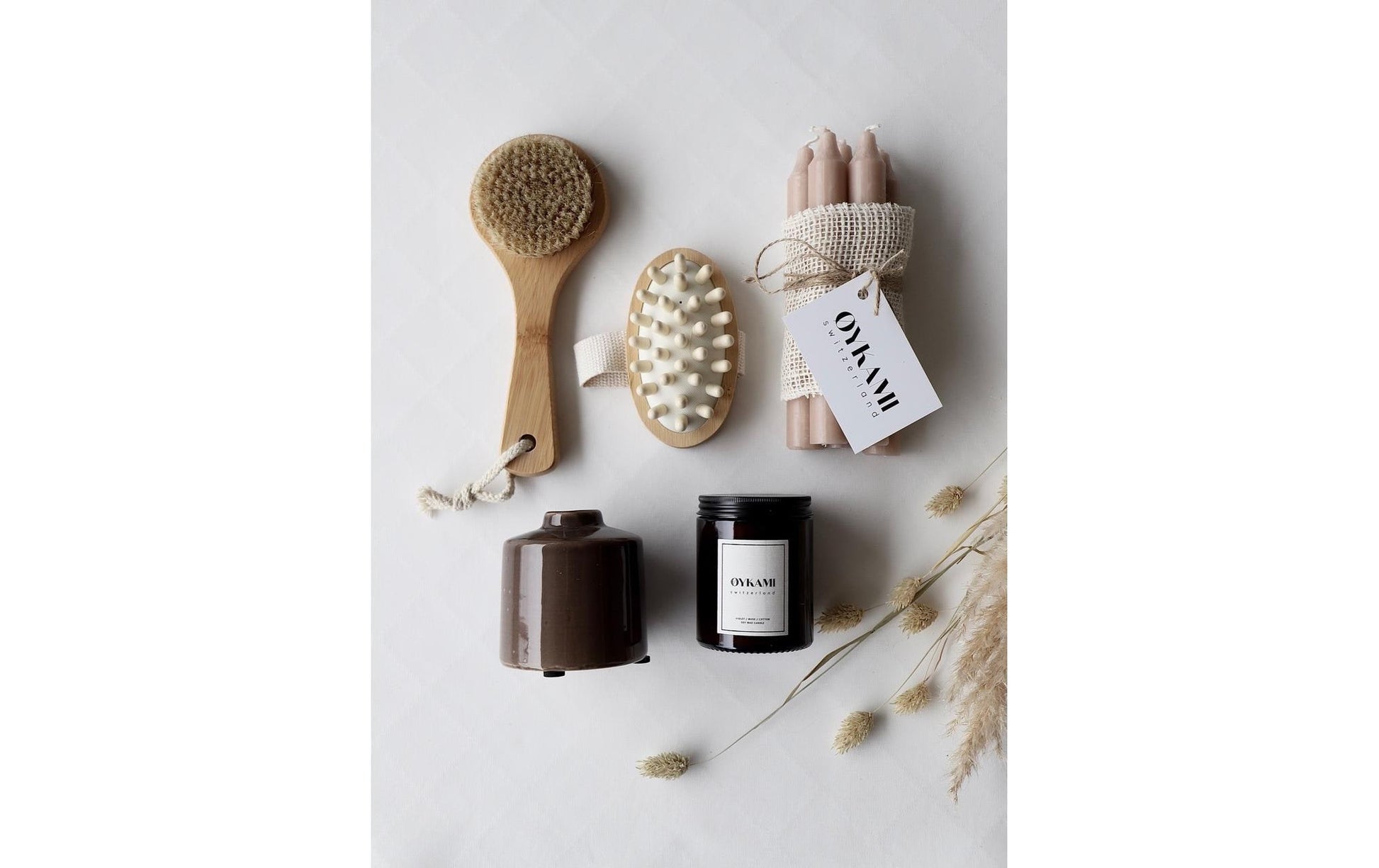OYKAMI Geschenkbox – mit Kerzenhalter – Keramik, Holz, Rosa, Weiss, Beige – 6 Stk.
