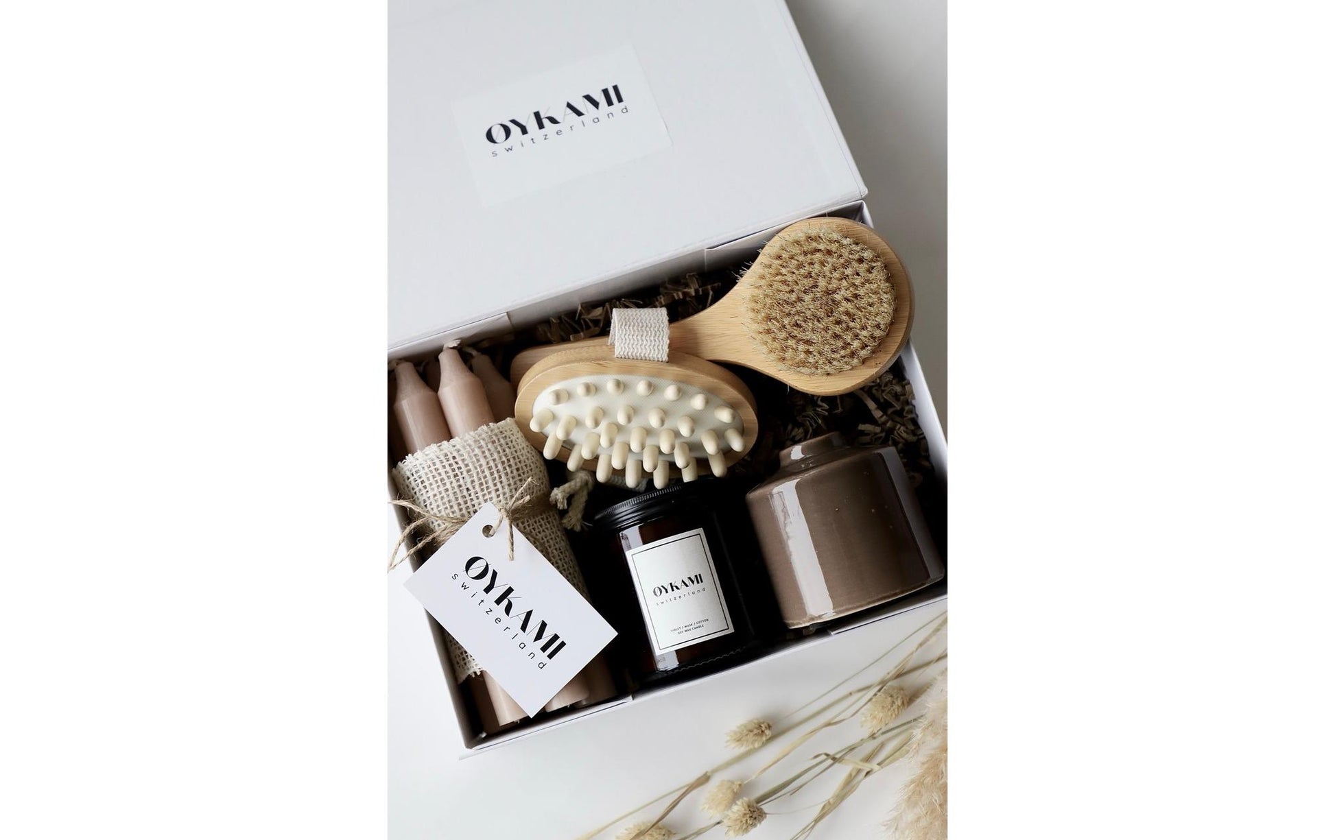 OYKAMI Geschenkbox – mit Kerzenhalter – Keramik, Holz, Rosa, Weiss, Beige – 6 Stk.