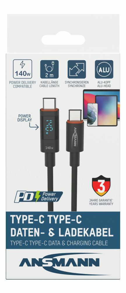 Ansmann USB-C auf USB-C Kabel – USB 2.0 (480 Mbit/s) – 2 m – PD 140 W – LED-Display – Anthrazit