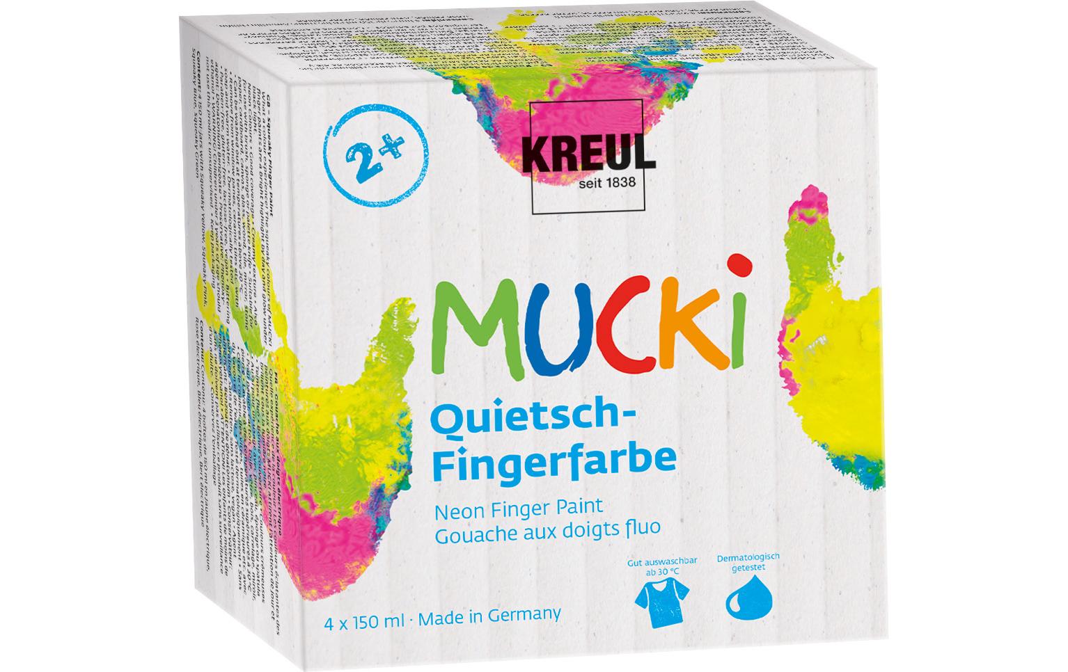 KREUL MUCKI Fingerfarben – Blau, Grün, Pink, Gelb – 4×150 ml (600 ml) – ab 2 Jahren