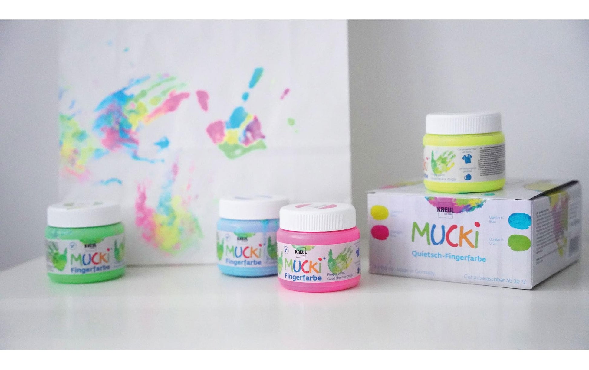 KREUL MUCKI Fingerfarben – Blau, Grün, Pink, Gelb – 4×150 ml (600 ml) – ab 2 Jahren