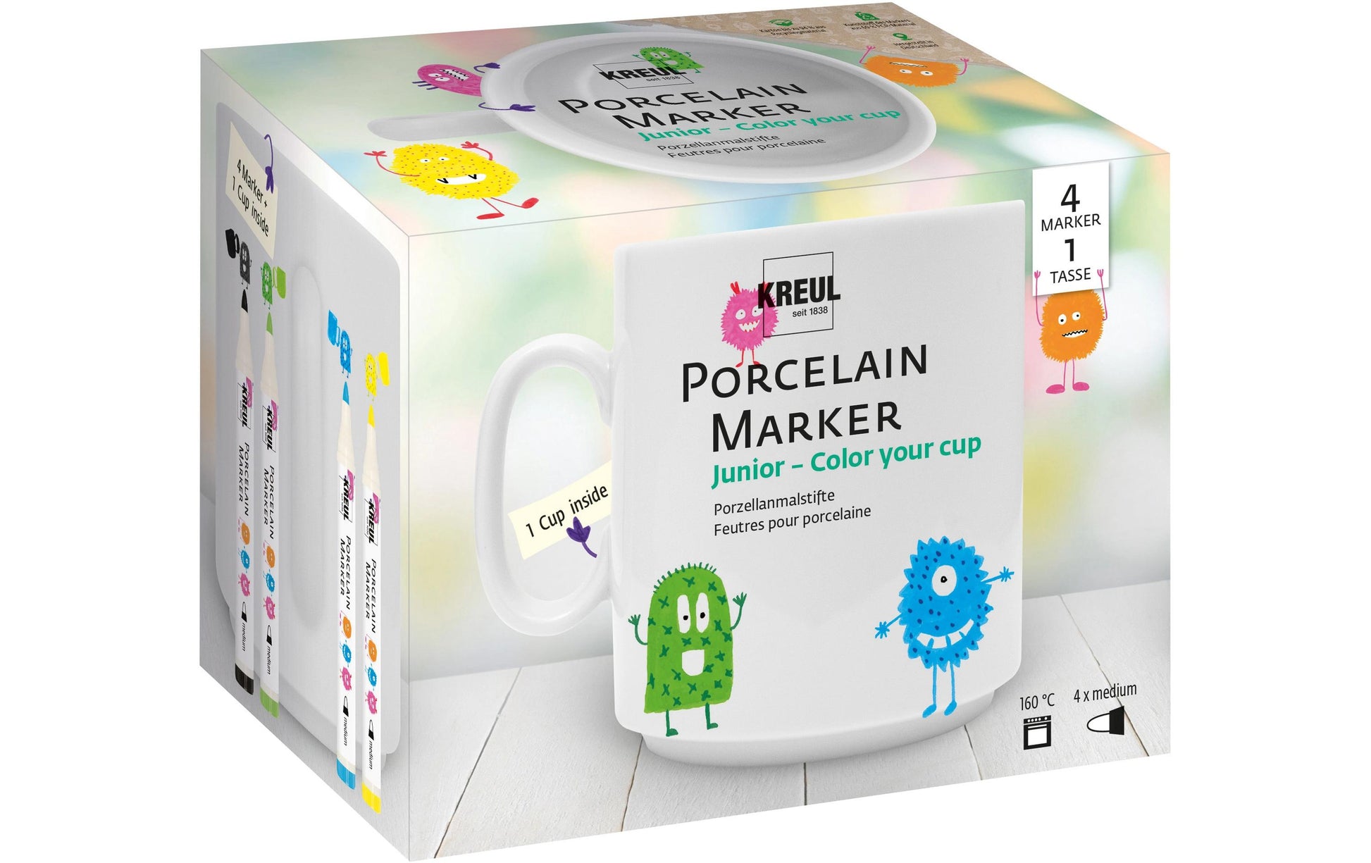 KREUL Color your cup – Porzellan-Marker-Set – 4 Marker, 1 Porzellantasse – Pinselspitze 1–3 mm
