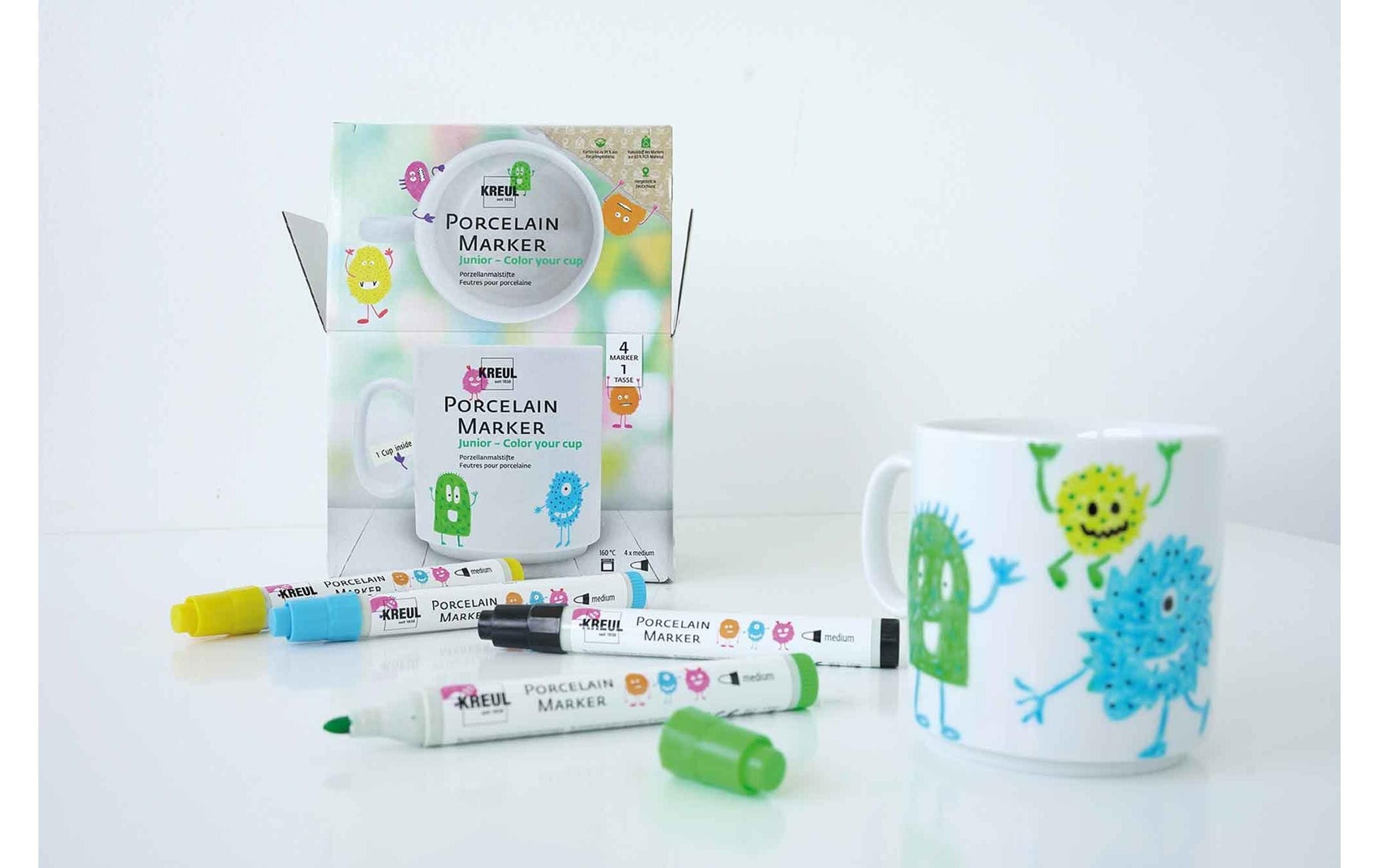 KREUL Color your cup – Porzellan-Marker-Set – 4 Marker, 1 Porzellantasse – Pinselspitze 1–3 mm