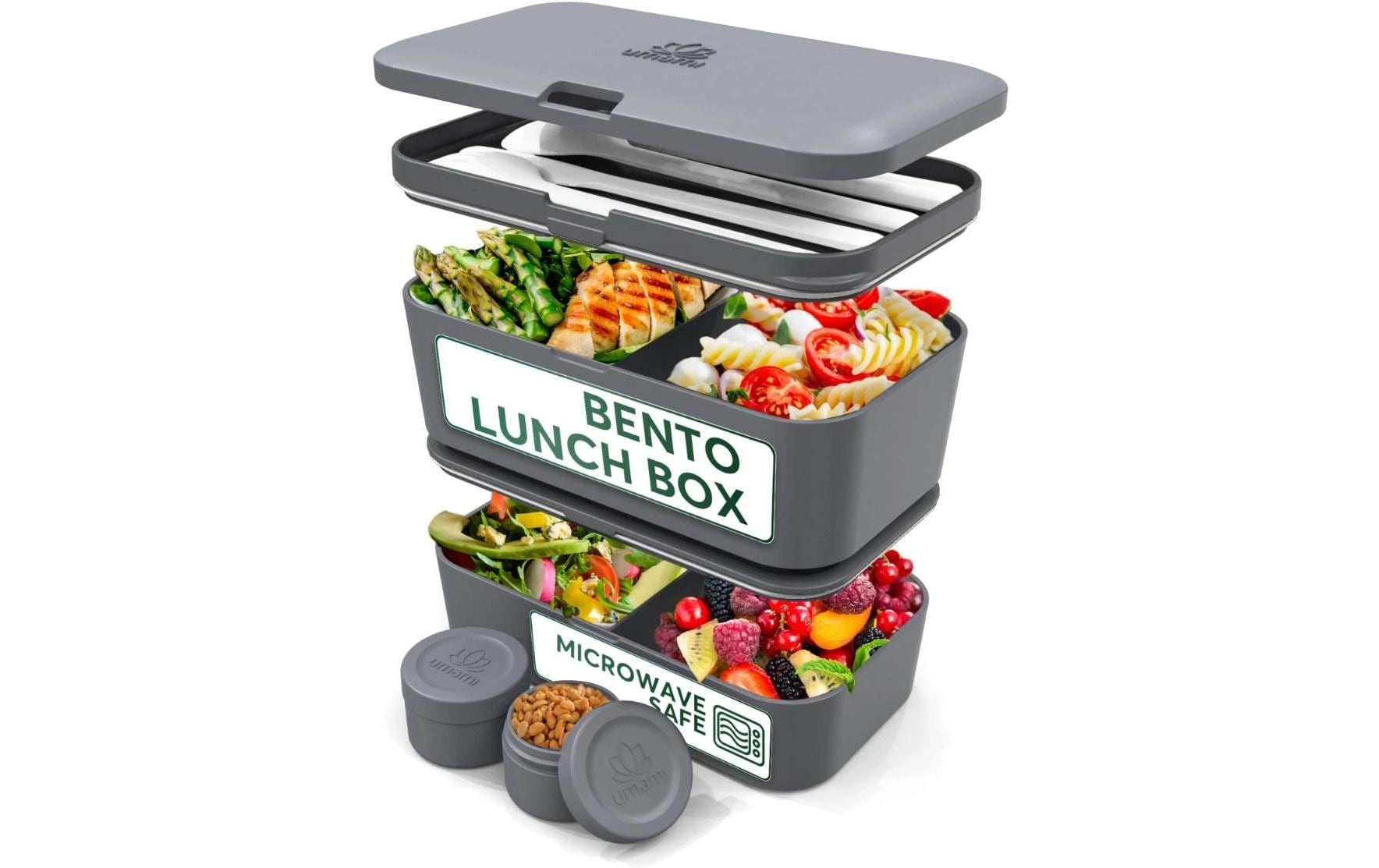 Umami Nestbare Bento Box – Lunchbox 1,5 l, 11 × 18,2 × 7 cm, Polypropylen (PP), grau, inkl. Besteck