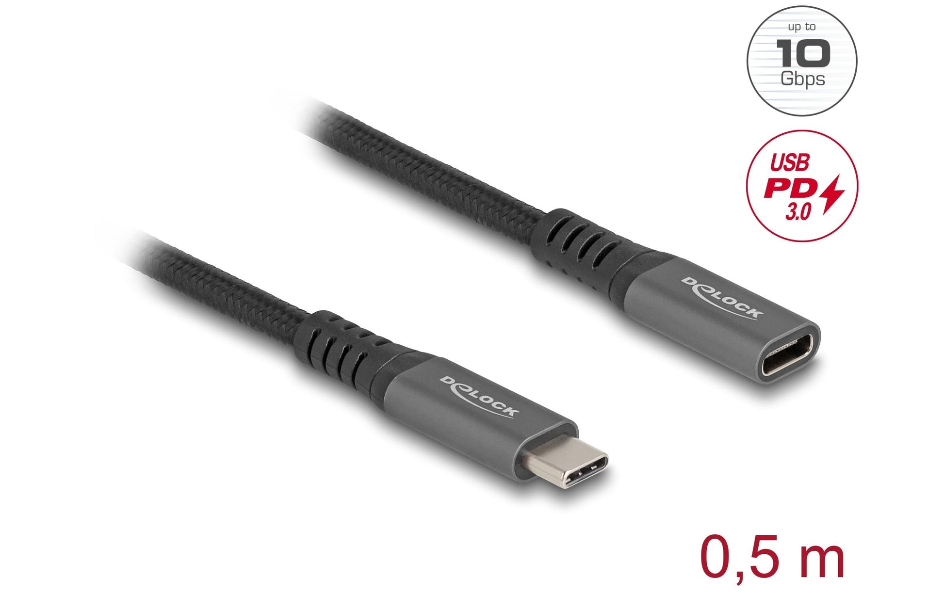 DeLOCK USB-C Verlängerungskabel (Stecker auf Buchse) – USB 3.2 Gen 2 (10 Gbit/s) – 0,5 m – PD 100 W – Textil