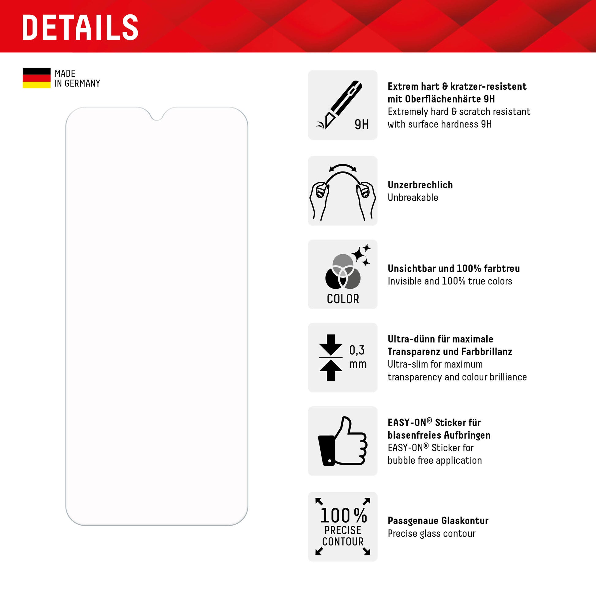 E.V.I. Displayschutz, 9H – für Redmi 12C – mit Applikator