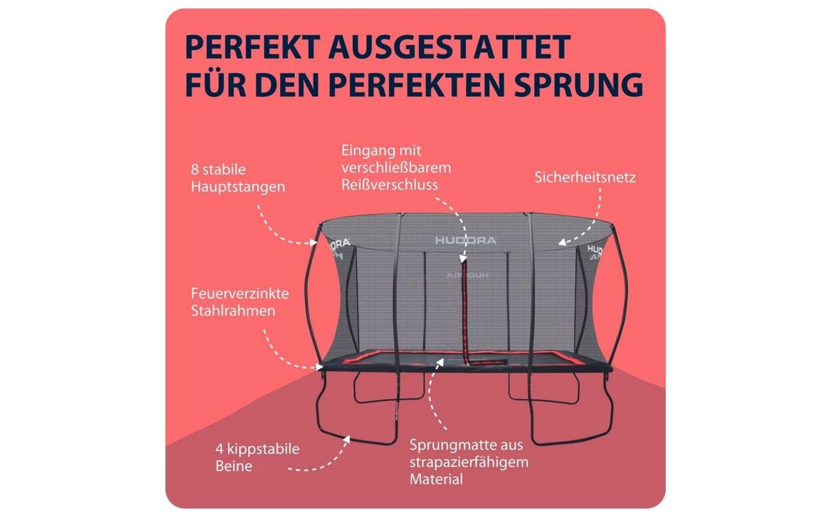 Hudora Trampolin 4square – 366 × 244 cm – Belastbarkeit 120 kg – schwarz